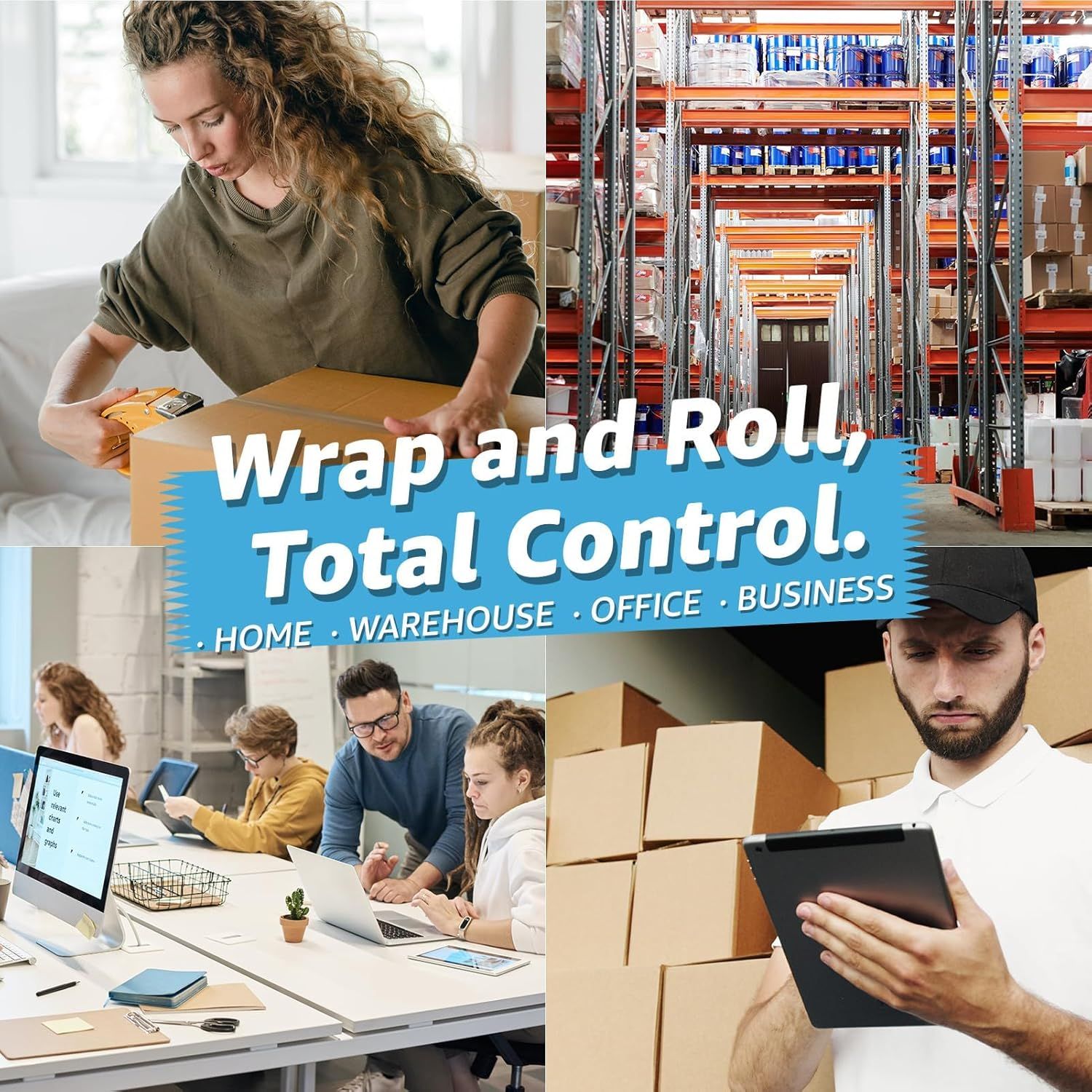 Demonstrates the product's versatility by showing it can be used across multiple environments and scenarios—home shipping, warehouse operations, office work, and business logistics—to reassure…