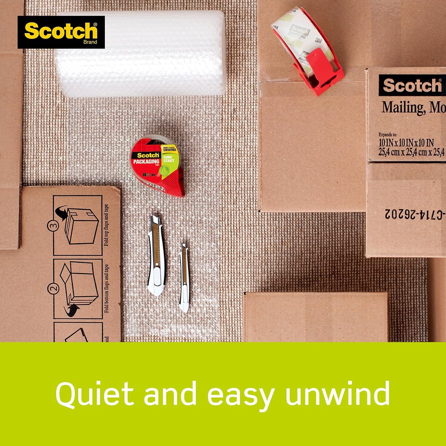 Shows all the items included in the packaging kit (bubble wrap, tape dispenser, box cutter, mailing box) to help shoppers understand what they receive with their purchase. Communicates the key…