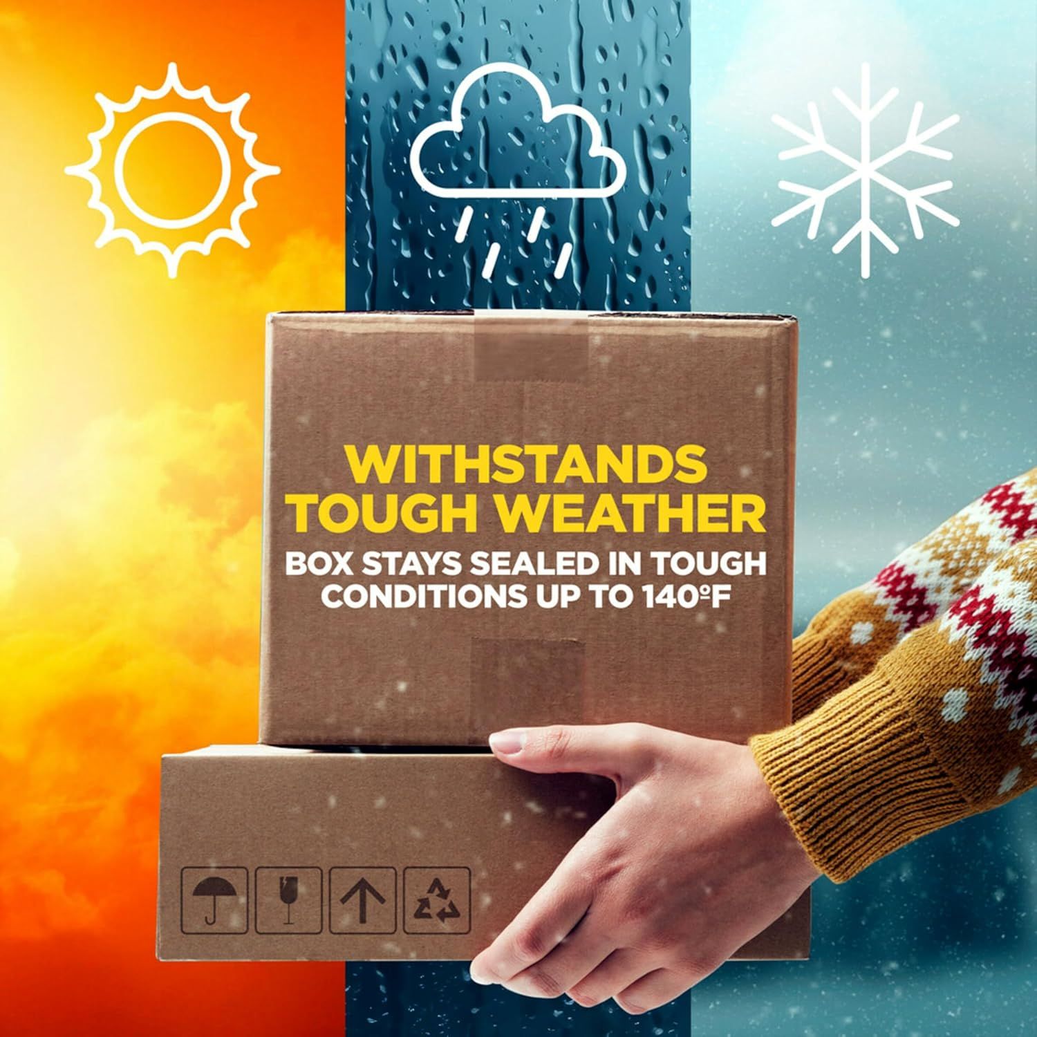 Demonstrates that the packaging can withstand multiple extreme weather conditions (sun, rain, snow) and maintain seal integrity up to 140°F, reassuring customers about product protection during…