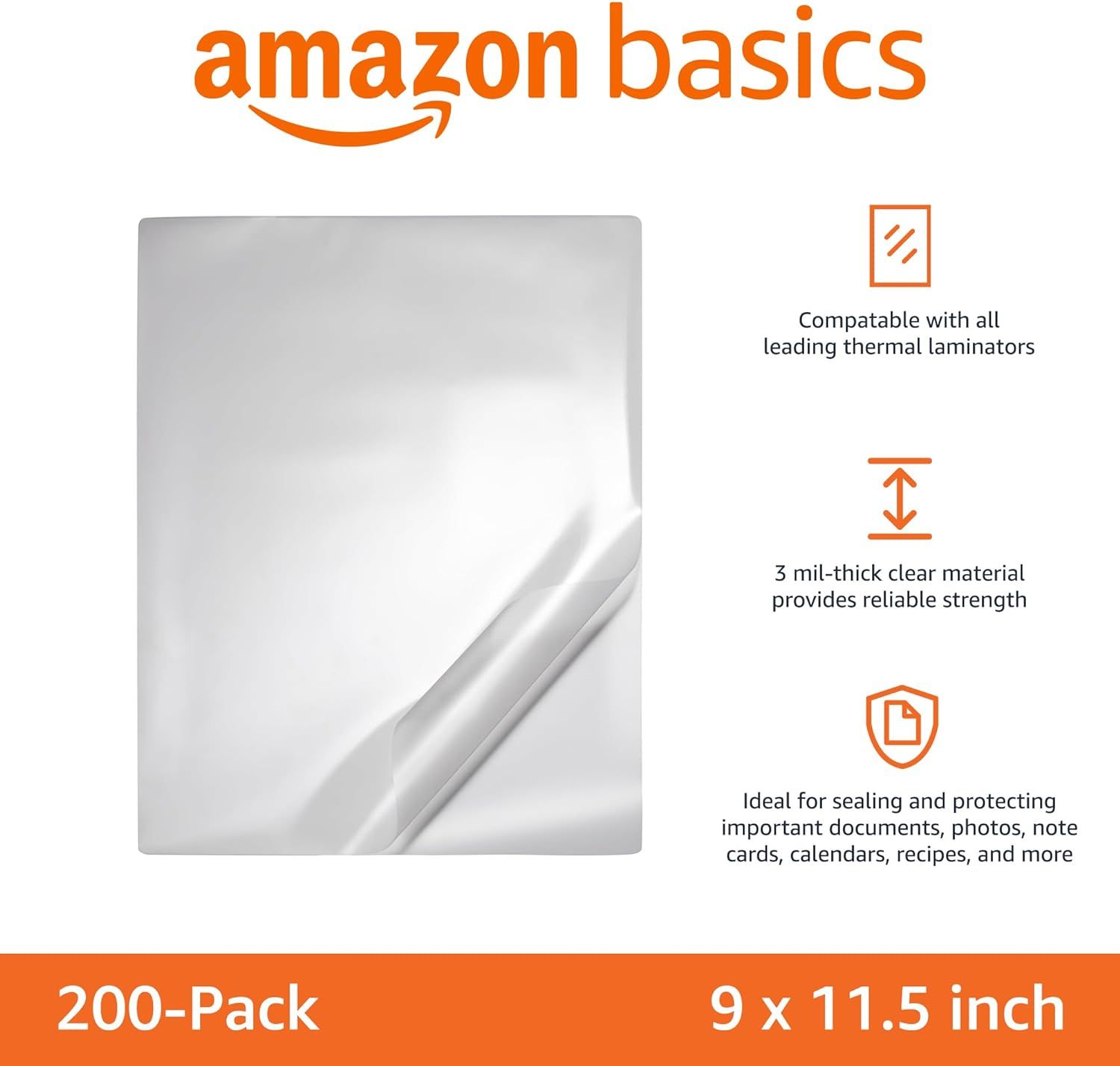 Communicates multiple key benefits of the laminating sheets: compatibility with all thermal laminators, 3 mil thickness for strength, and versatility for protecting various documents.
