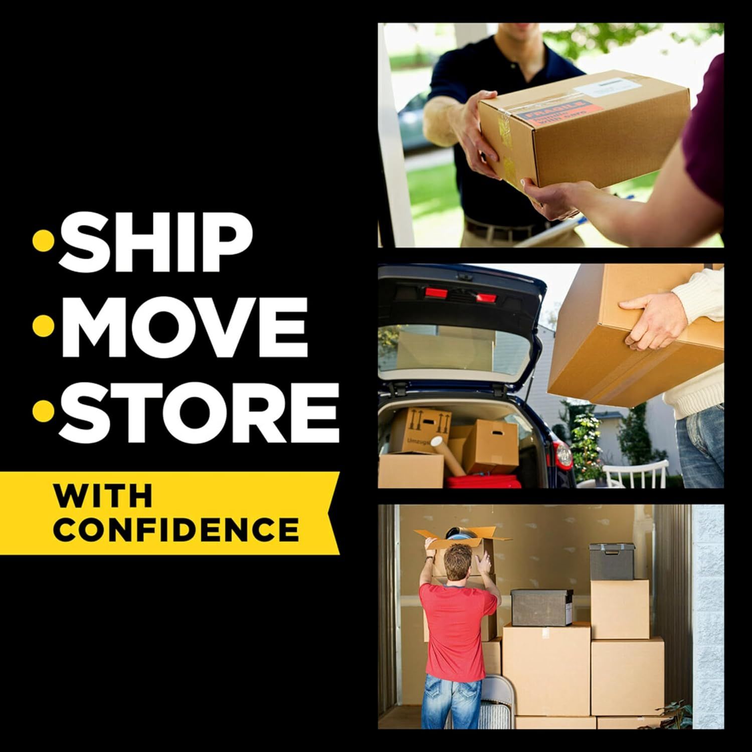 Demonstrates the product's versatility across three distinct scenarios—shipping packages, moving belongings, and storing items—to show shoppers it can handle various logistics needs with confidence.