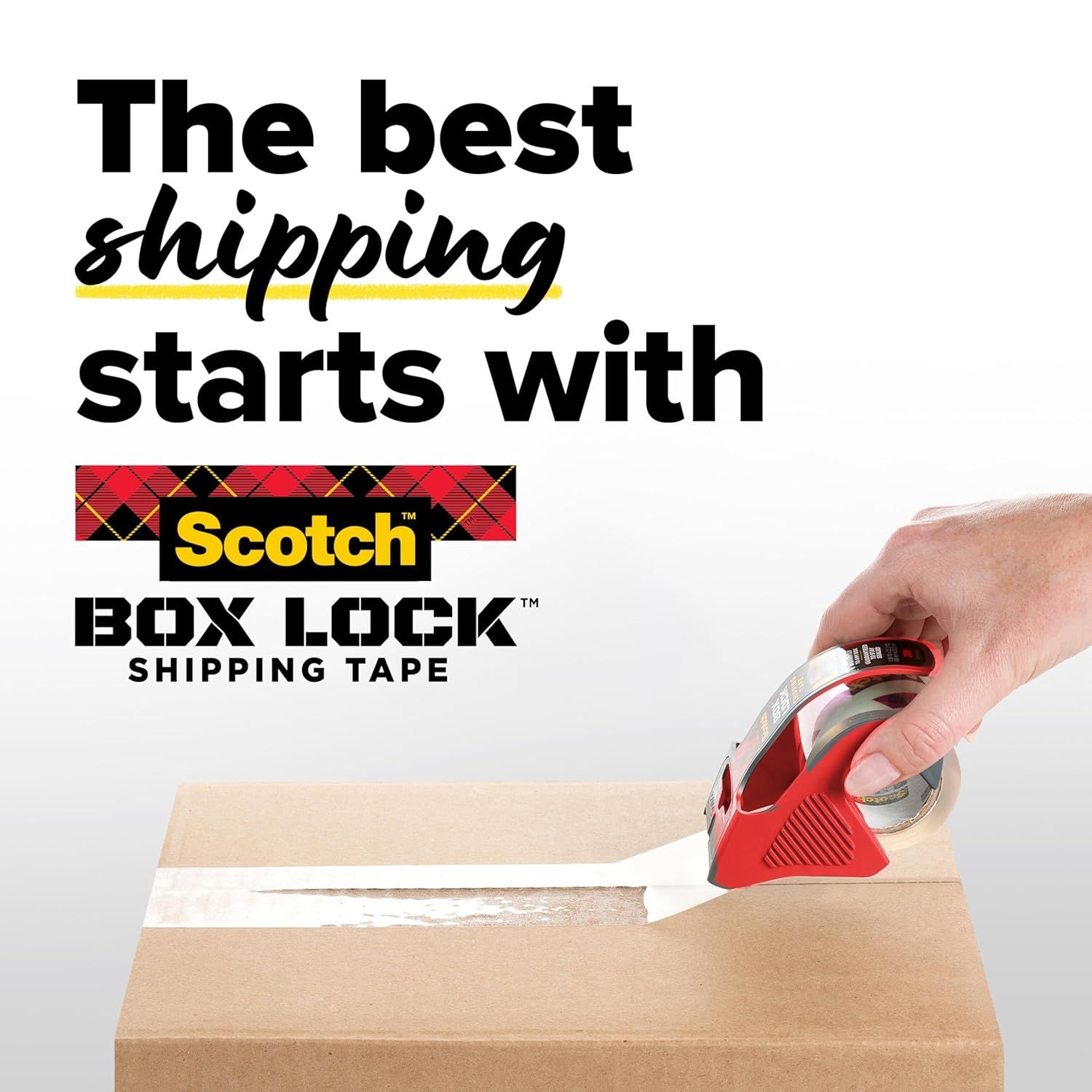 Communicates the brand's value proposition and positions Scotch Box Lock Shipping Tape as the superior choice for shipping needs, building brand trust and recognition.
