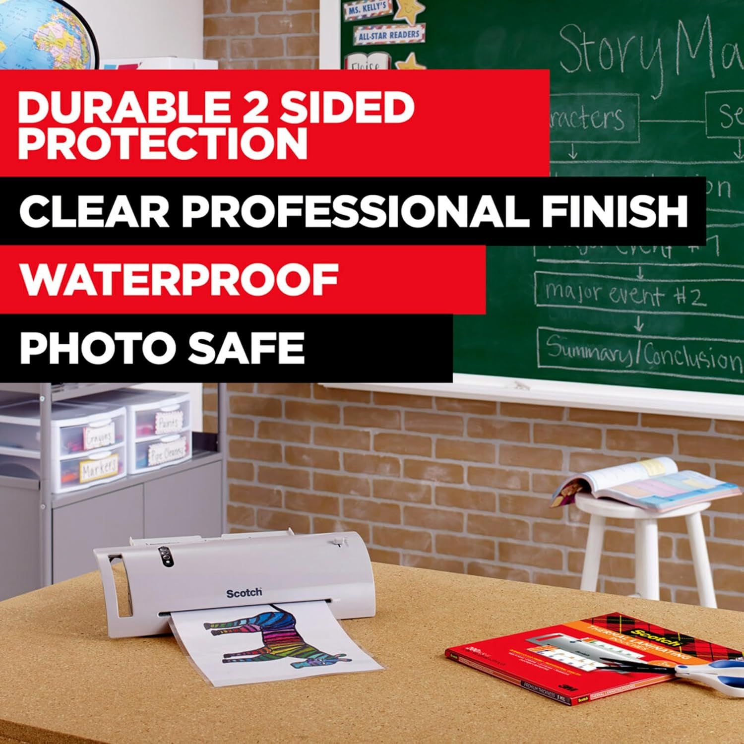 Communicates multiple key benefits of the laminating product in a visually segmented layout, reassuring shoppers that it offers comprehensive protection and professional quality for classroom and…
