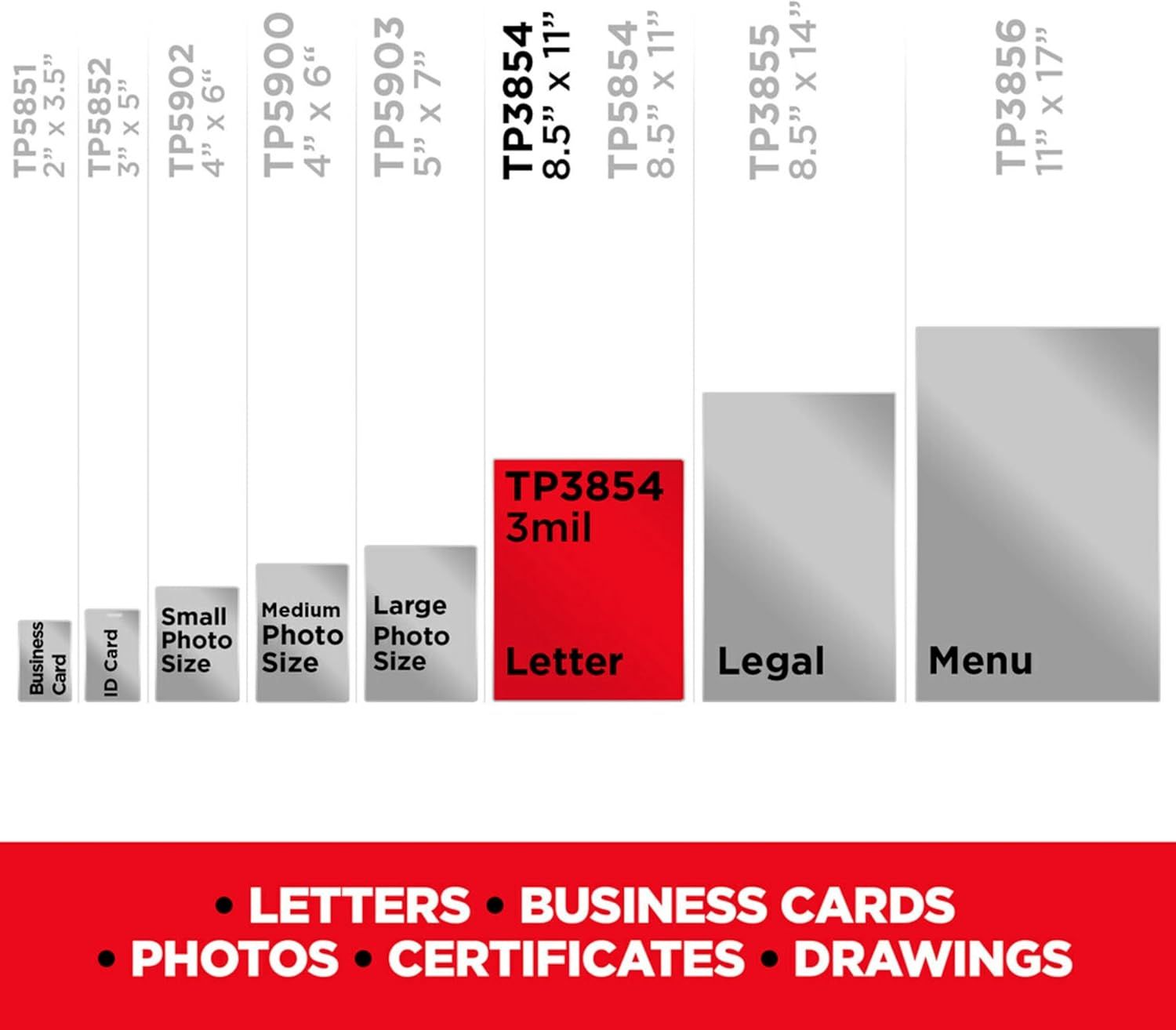 Demonstrates the range of available sizes for thermal laminating pouches, showing exact dimensions for each option to help shoppers select the right size for their documents, photos, or business…