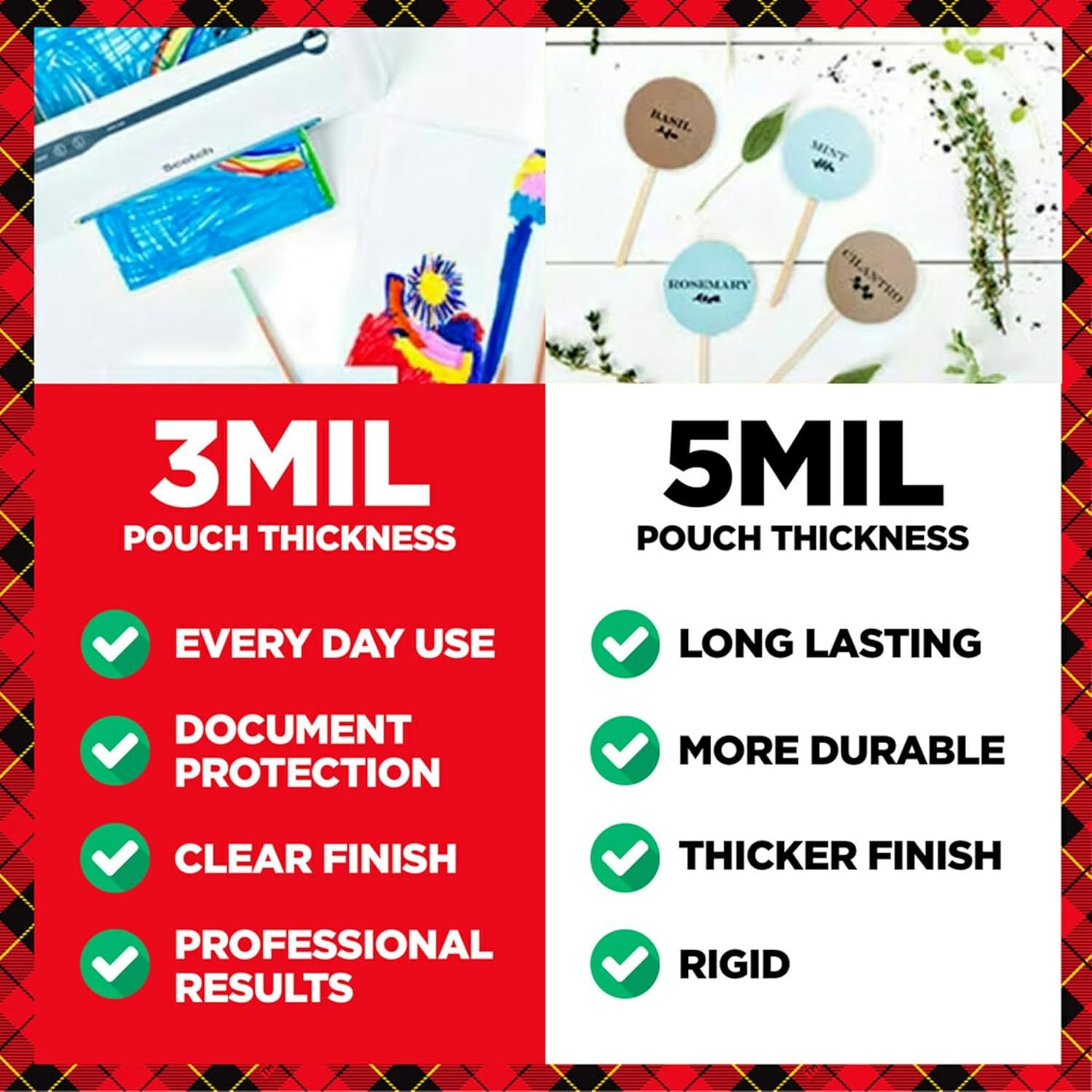 Compares two thickness options (3mil vs 5mil) to help shoppers understand which laminating pouch is best for their needs—everyday use vs. heavy-duty protection.