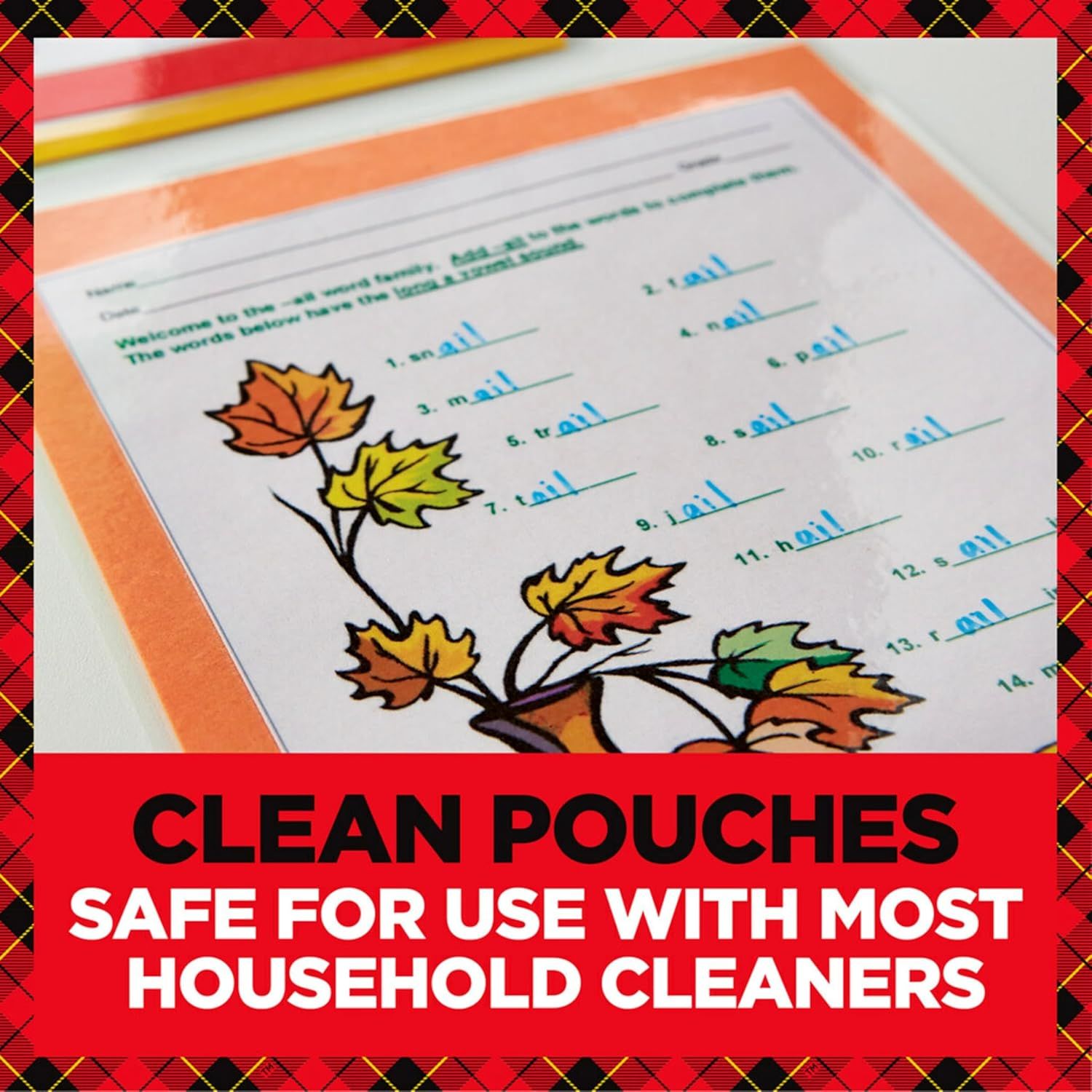 Reassures shoppers that the laminating pouches are chemically resistant and safe to clean with common household cleaning products, addressing durability and practical use concerns. Communicates the…