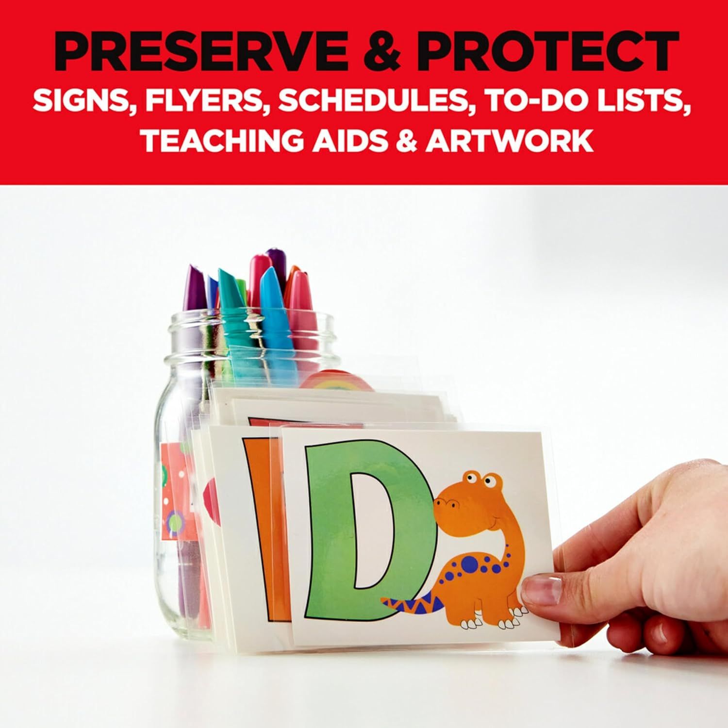 Demonstrates the product's versatility by showing it can be used to preserve and protect various types of educational and organizational materials including signs, flyers, schedules, to-do lists,…