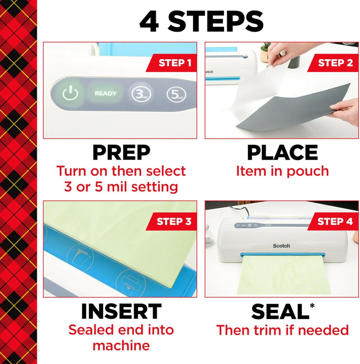 Provides clear step-by-step instructions on how to use the laminating machine, from turning it on and selecting settings to placing, inserting, and sealing items in pouches.