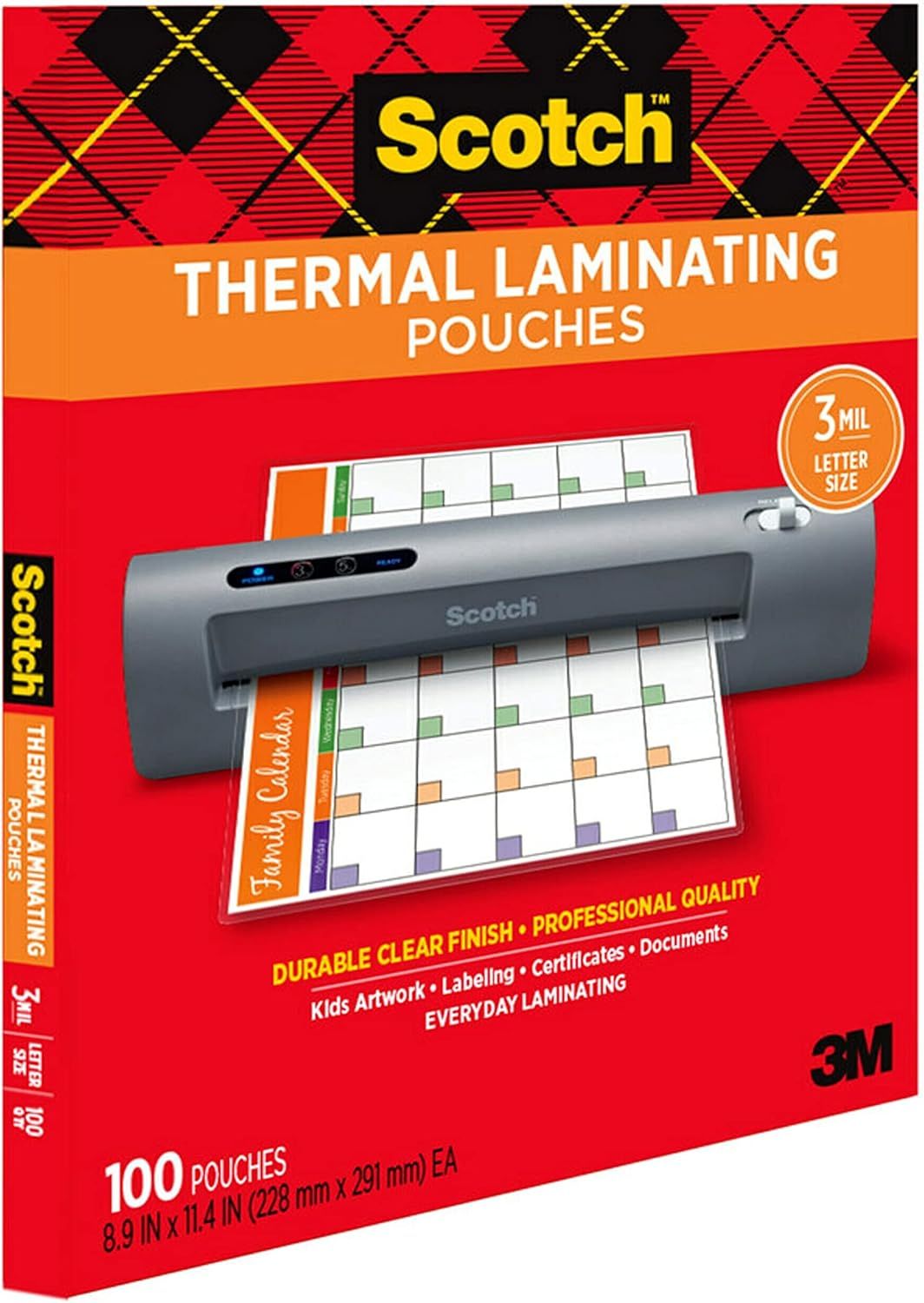 Communicates multiple selling benefits of the laminating pouches including durability, professional quality finish, and versatility across various everyday laminating applications to appeal to both…