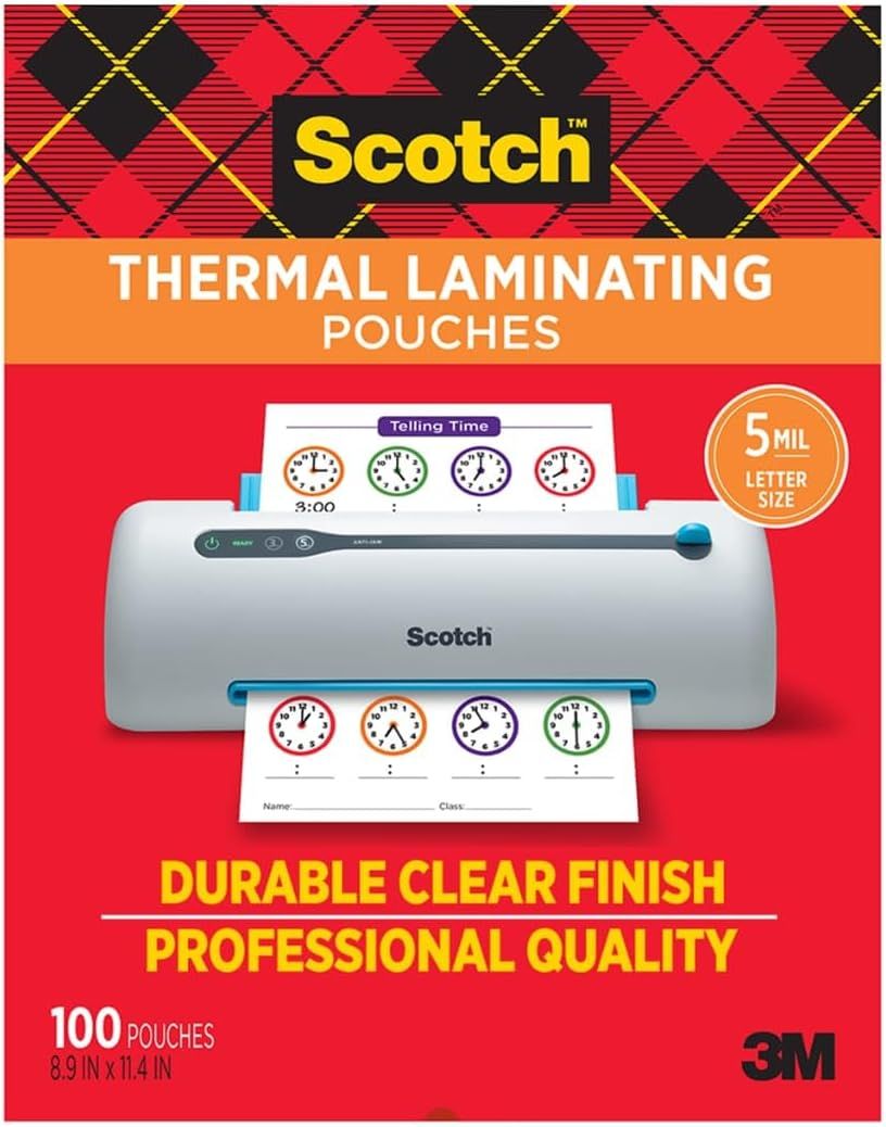 Communicates multiple key selling points of the thermal laminating pouches including durability, professional quality, size specification, and quantity to help shoppers understand the complete value…