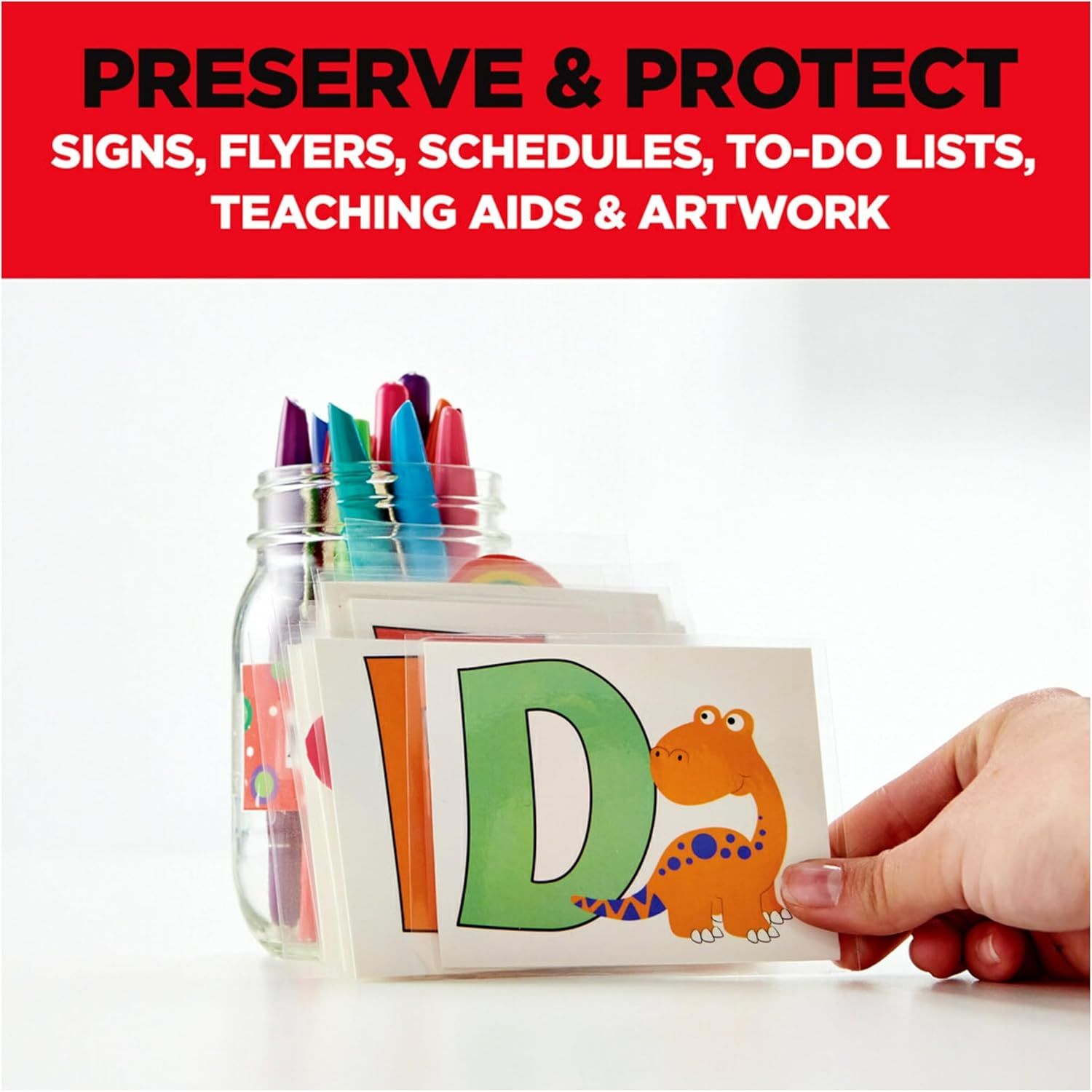 Demonstrates the versatility of the product by showing multiple applications where it can be used to preserve and protect various paper materials and teaching aids.