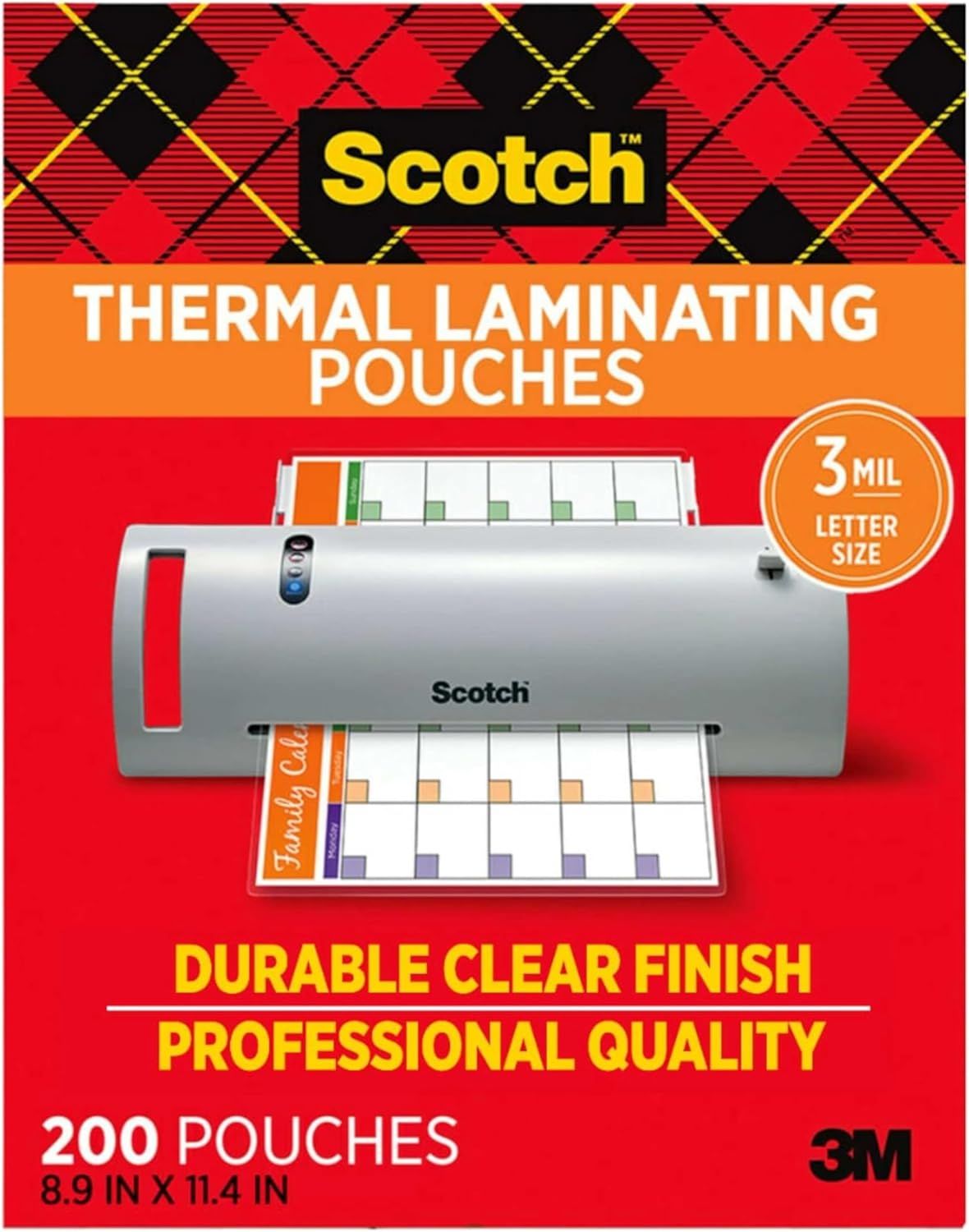 Communicates multiple key selling benefits of the laminating pouches including durability, professional quality finish, and specific sizing to help shoppers understand the product's value proposition.