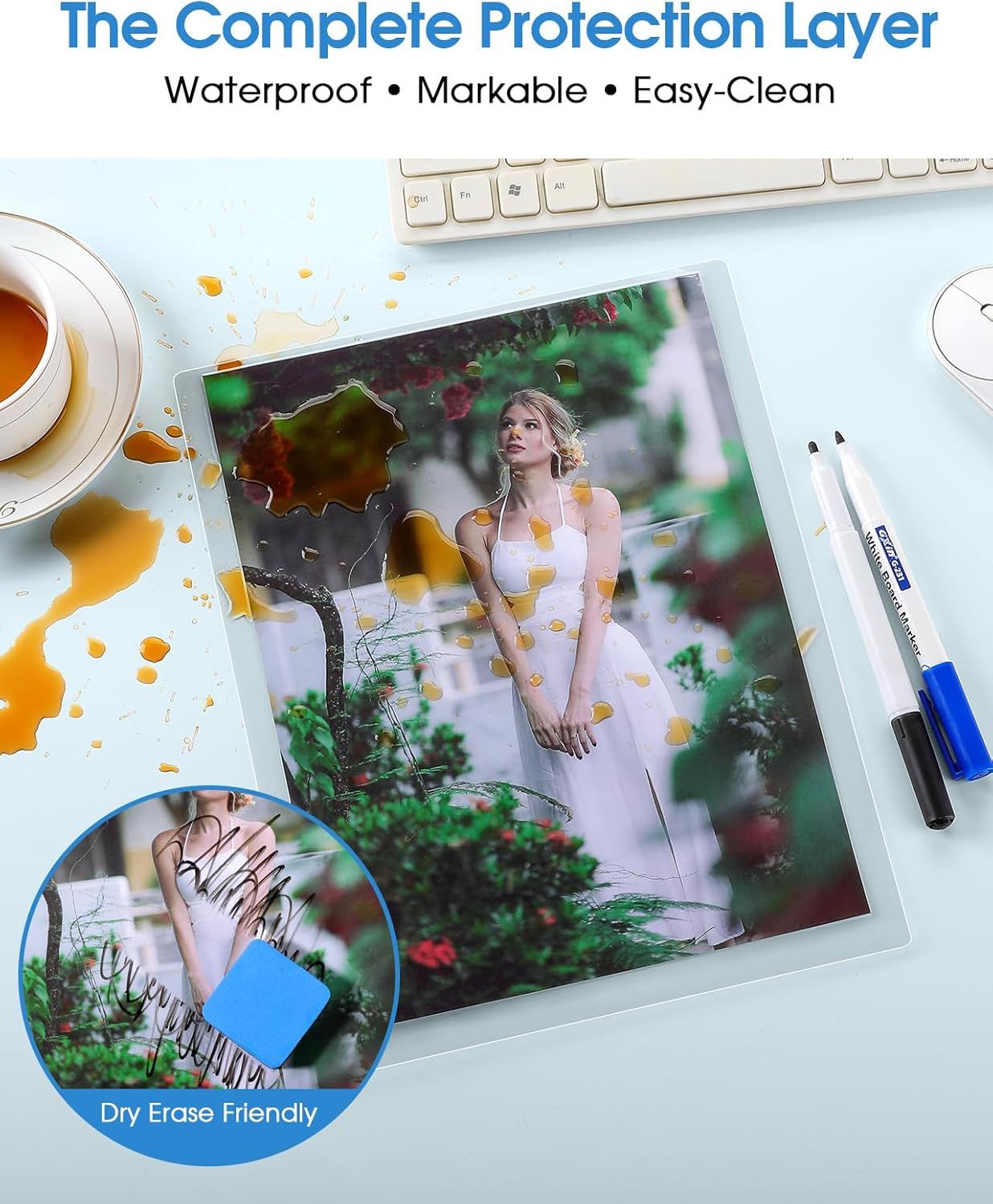 Demonstrates multiple protective features of the product layer, showing it can withstand liquid spills, be written on with markers, and easily cleaned, reassuring shoppers of its versatility and…