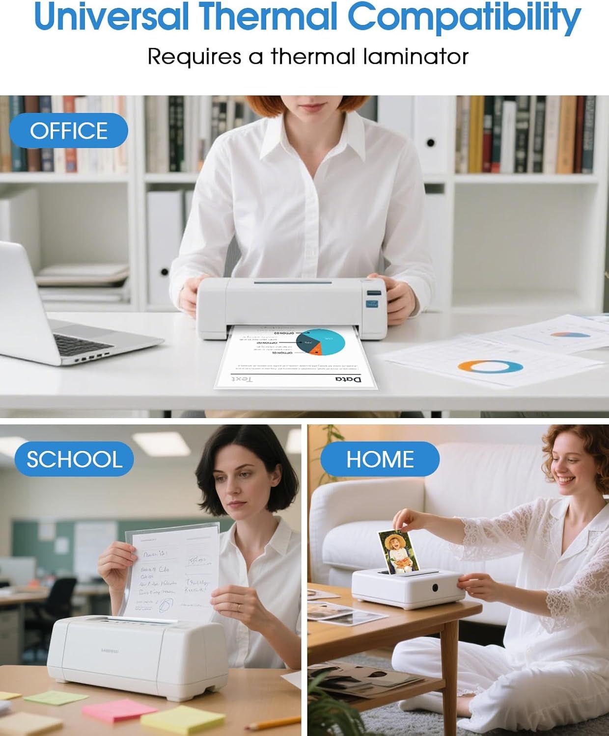 Demonstrates the product's versatility by showing it can be used in three different environments—office for business documents, school for assignments, and home for personal printing—reassuring…