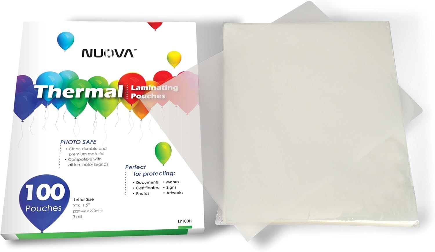 Shows the customer exactly what they receive in the package: the branded box and the laminating pouches themselves, helping set clear expectations for the purchase.