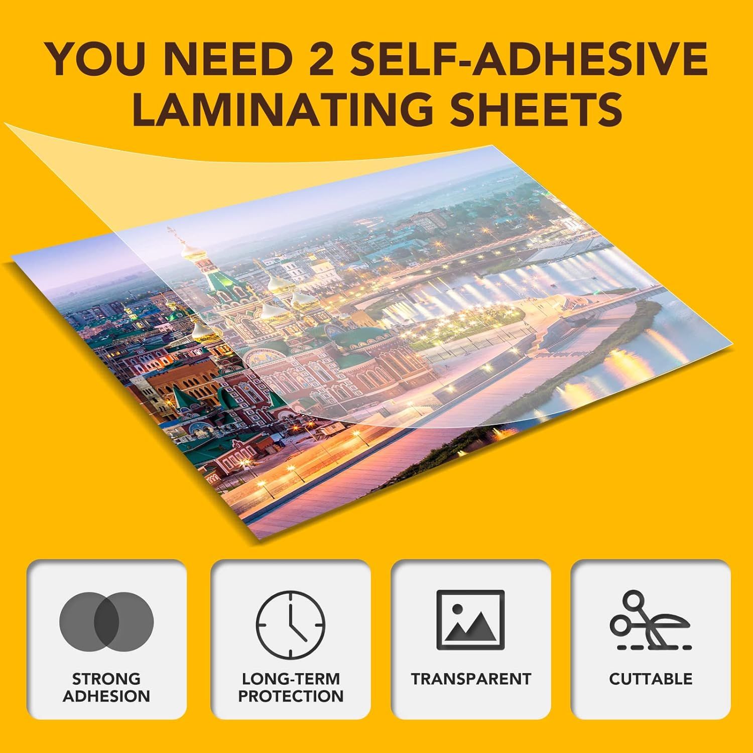 Communicates multiple key benefits of the laminating sheets through a visually segmented layout with four distinct feature callouts, reassuring shoppers of the product's quality, durability,…