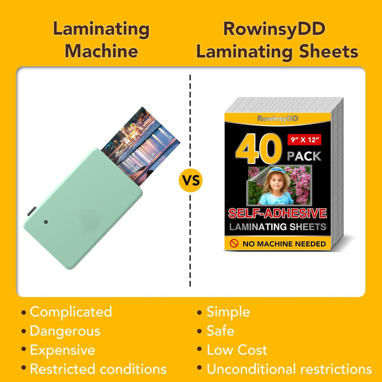 Demonstrates that the RowinsyDD laminating sheets are superior to traditional laminating machines by highlighting that they are simpler, safer, more affordable, and require no machine.