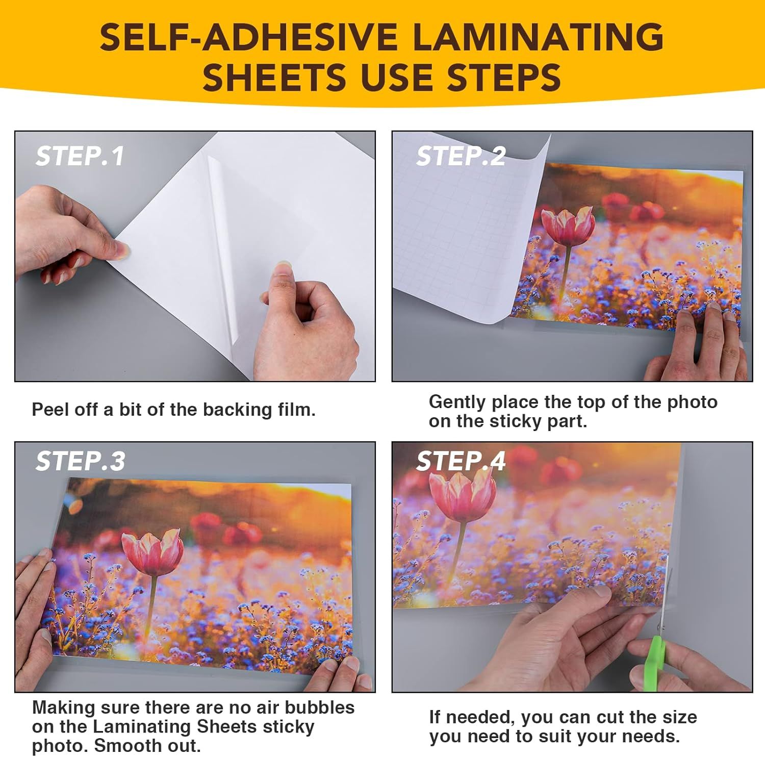 Demonstrates the complete process of applying self-adhesive laminating sheets through a clear 4-step visual guide, helping shoppers understand how easy the product is to use.