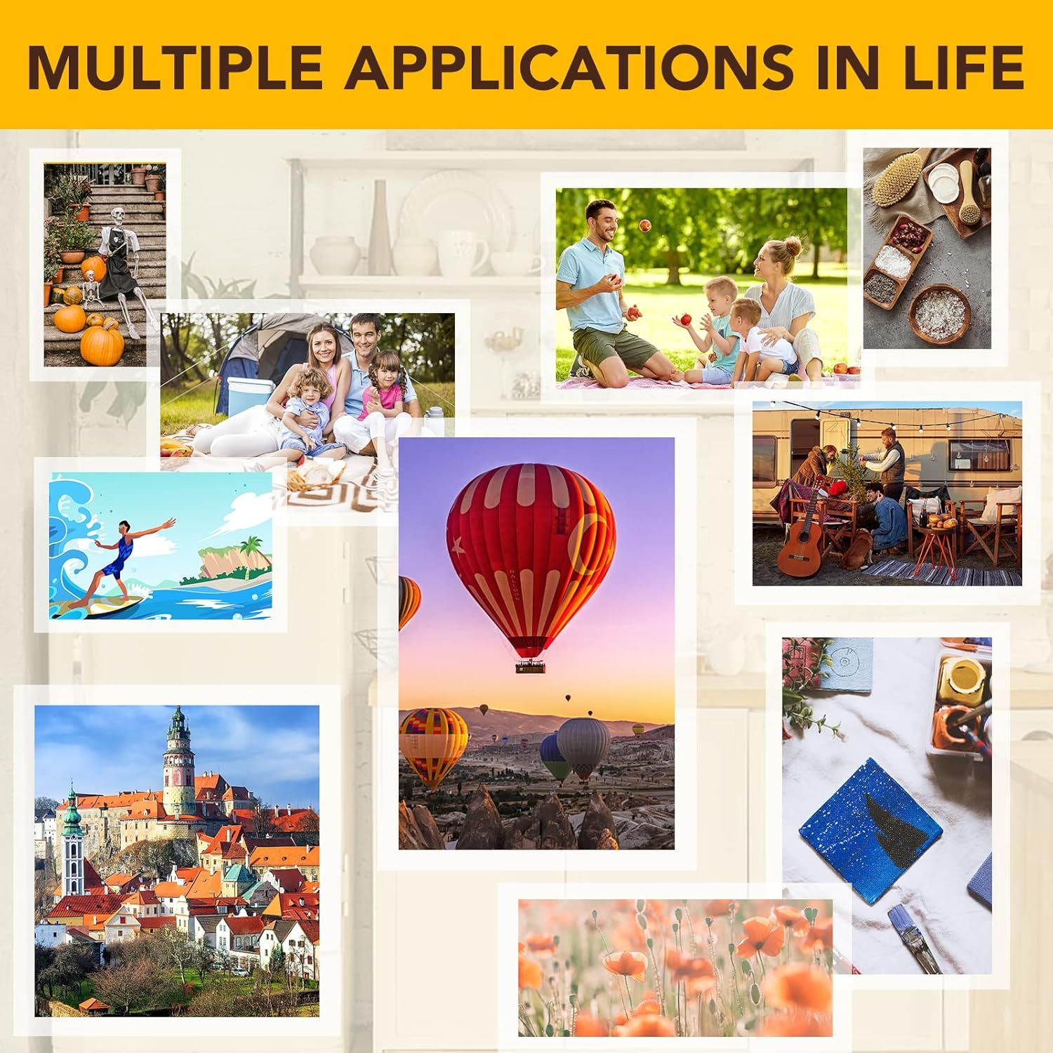 Demonstrates the product's versatility by showing it can be used across multiple life scenarios including outdoor activities, family gatherings, camping, travel, hobbies, and everyday moments.