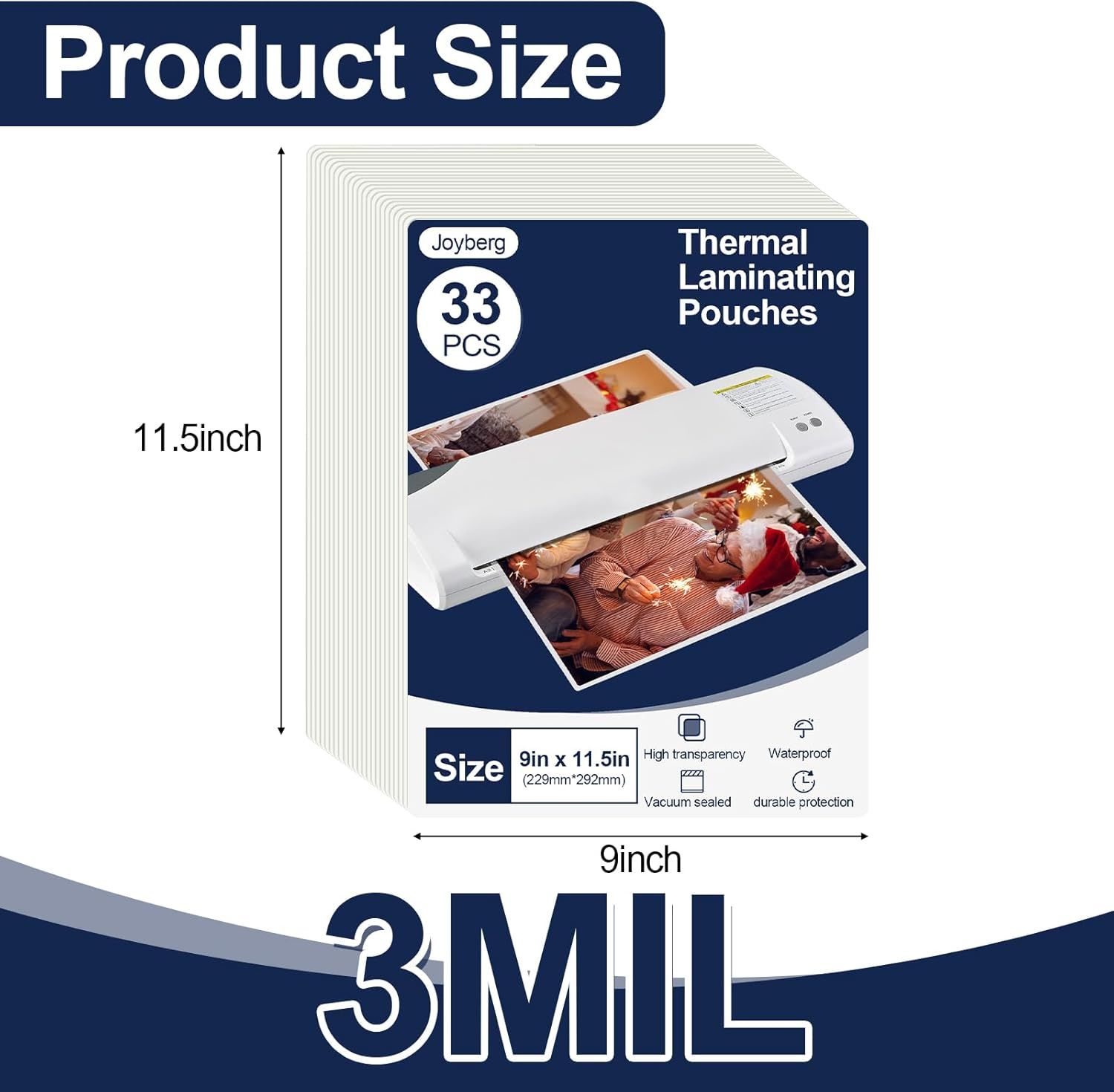 Communicates the exact physical dimensions of the thermal laminating pouches (9in x 11.5in, 3MIL thickness) to help shoppers understand the product size and compatibility with their needs.