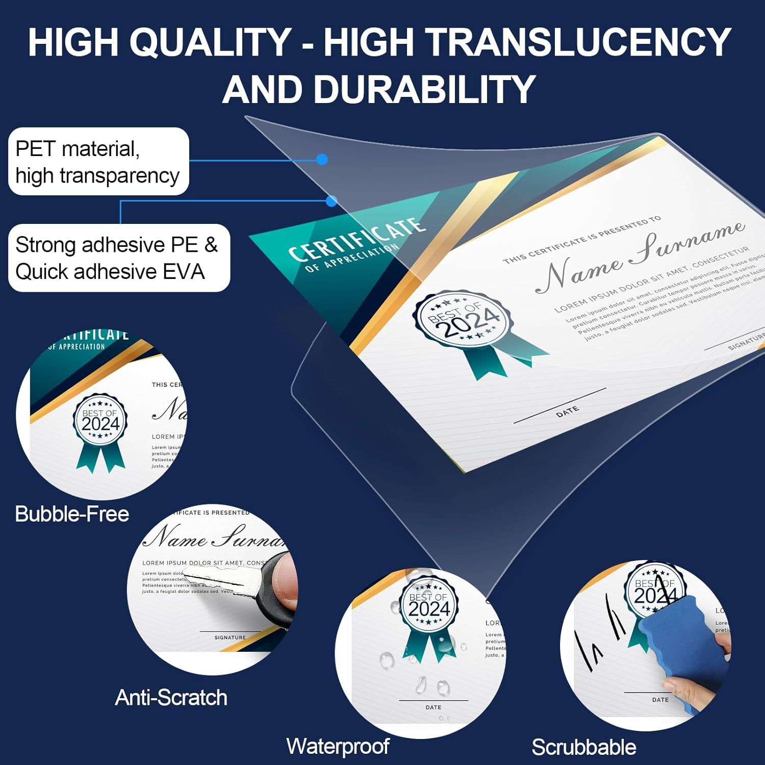 This image breaks down the physical construction and material properties of the certificate product, highlighting multiple component features like transparency, adhesive layers, and protective…