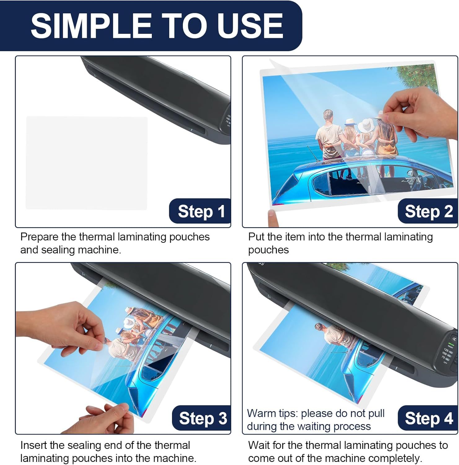 Demonstrates how to use the thermal laminating machine through a clear 4-step sequential process, reassuring shoppers that the product is easy to operate.
