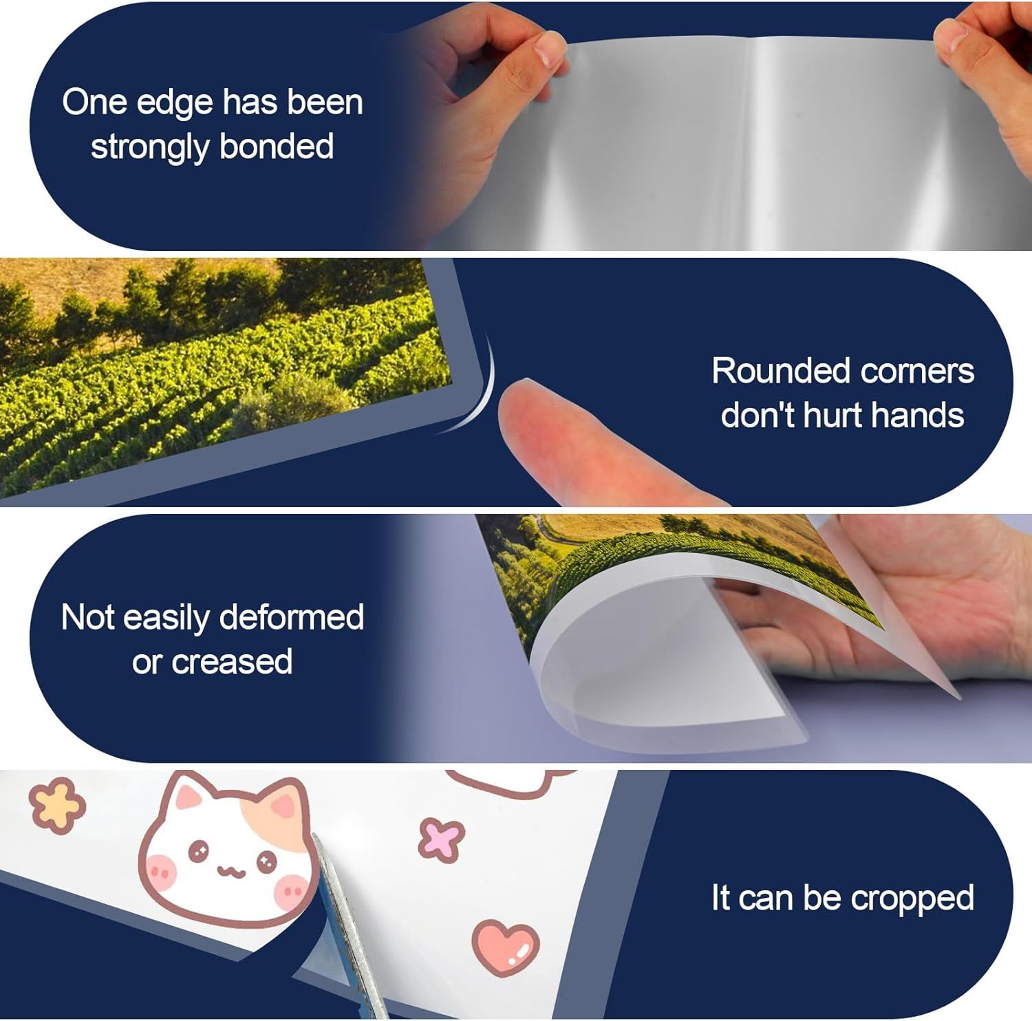 Communicates multiple distinct product benefits in a segmented layout, showing the product's durability, safety features, flexibility, and customization capability to reassure shoppers of its…