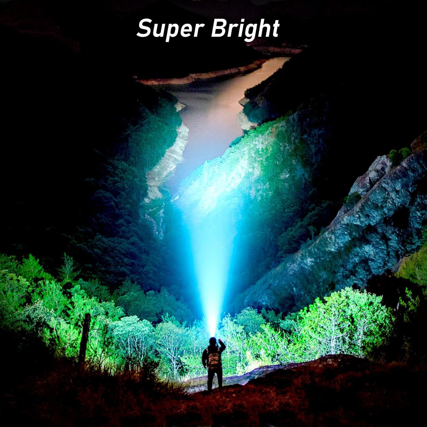 Demonstrates the flashlight's powerful brightness capability by showing it illuminating a large outdoor area at night, reassuring shoppers of its high-intensity performance.