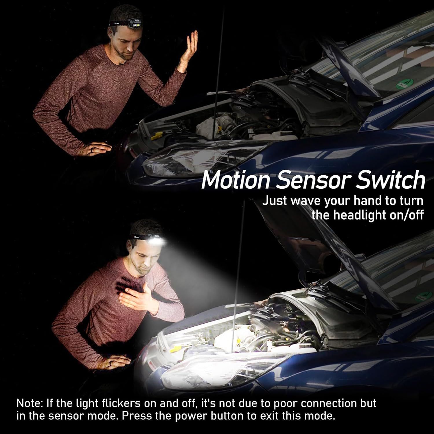 Demonstrates how to use the motion sensor feature by waving your hand to turn the headlight on/off, showing the product's ease of use in a real-world scenario. Highlights the hands-free motion…
