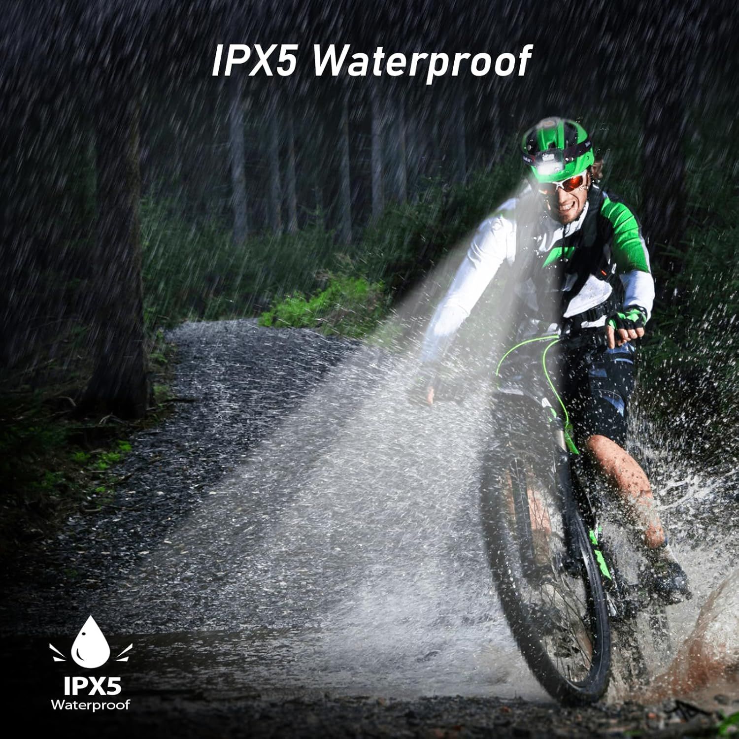 Demonstrates the product's waterproof capability by showing it in use during heavy rain conditions, reassuring shoppers it can withstand wet environments.