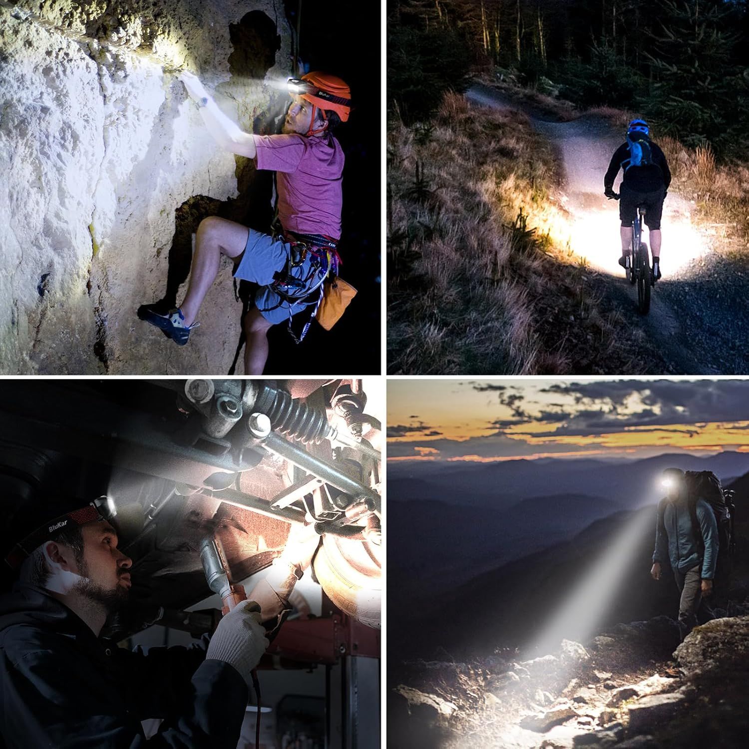 Demonstrates the versatility of the headlamp/flashlight across multiple outdoor and indoor use cases, showing shoppers it works for adventure sports, repairs, and nighttime activities.