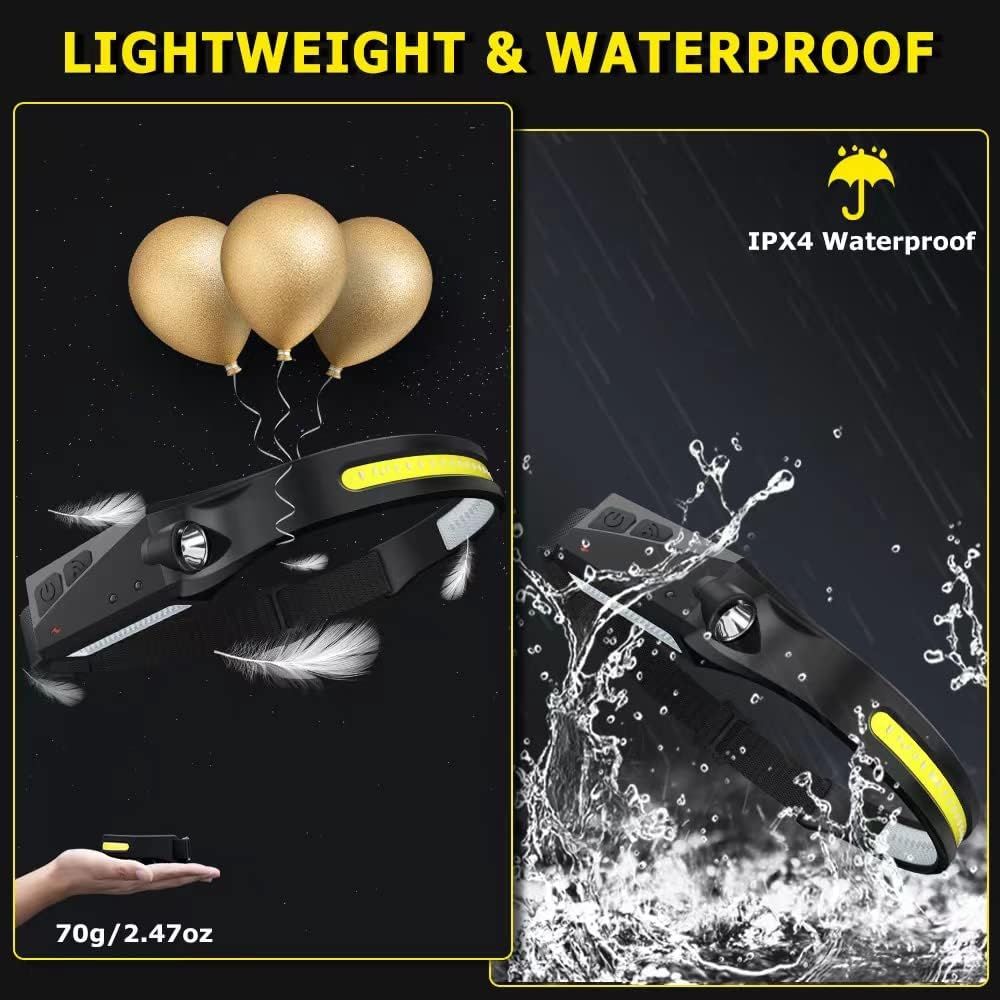 Communicates two key product benefits—lightweight portability and waterproof durability—through visually segmented panels that demonstrate each feature separately.