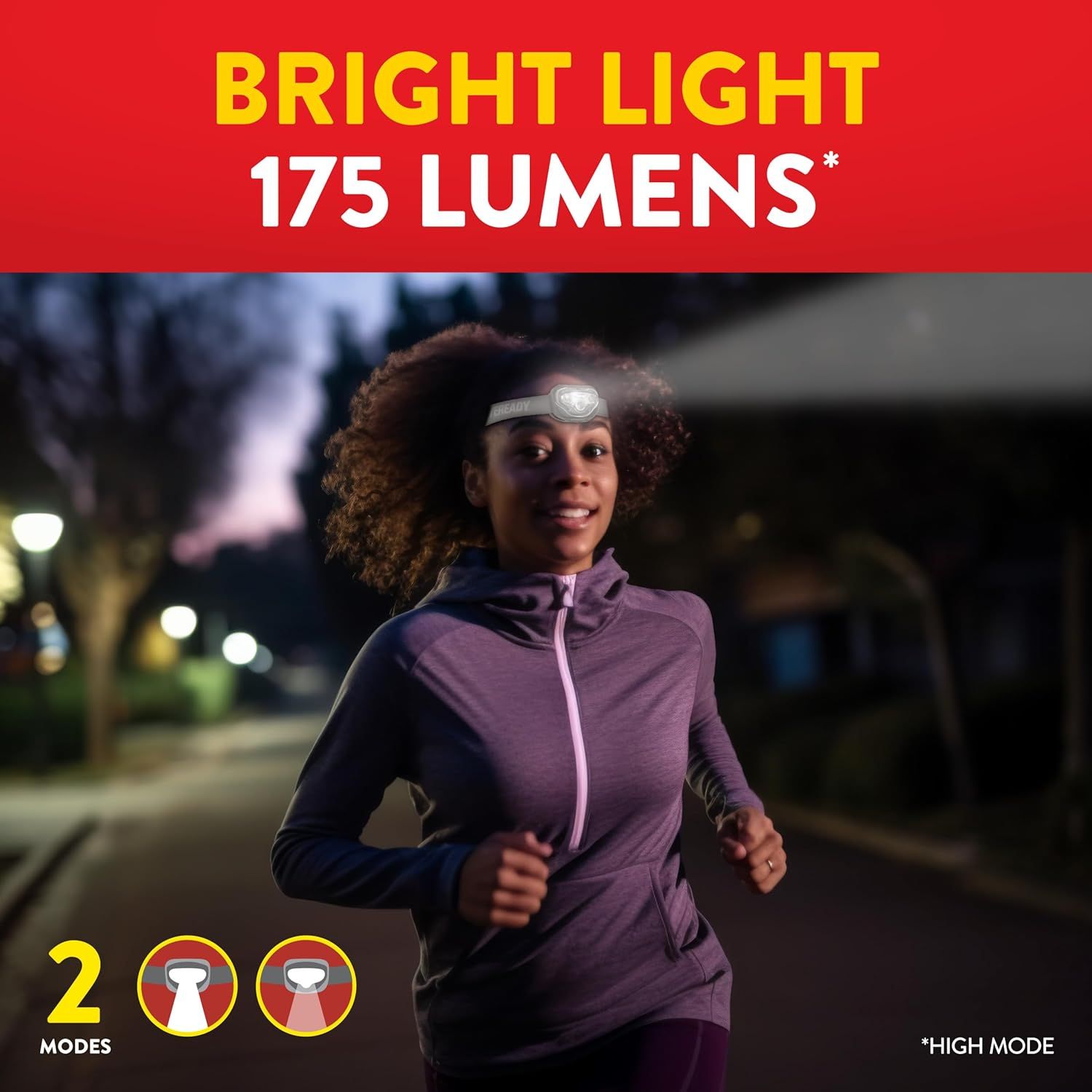 Communicates the headlamp's brightness performance with a bold quantifiable stat (175 lumens) to reassure shoppers of its powerful illumination capability. Demonstrates the product's primary benefit…