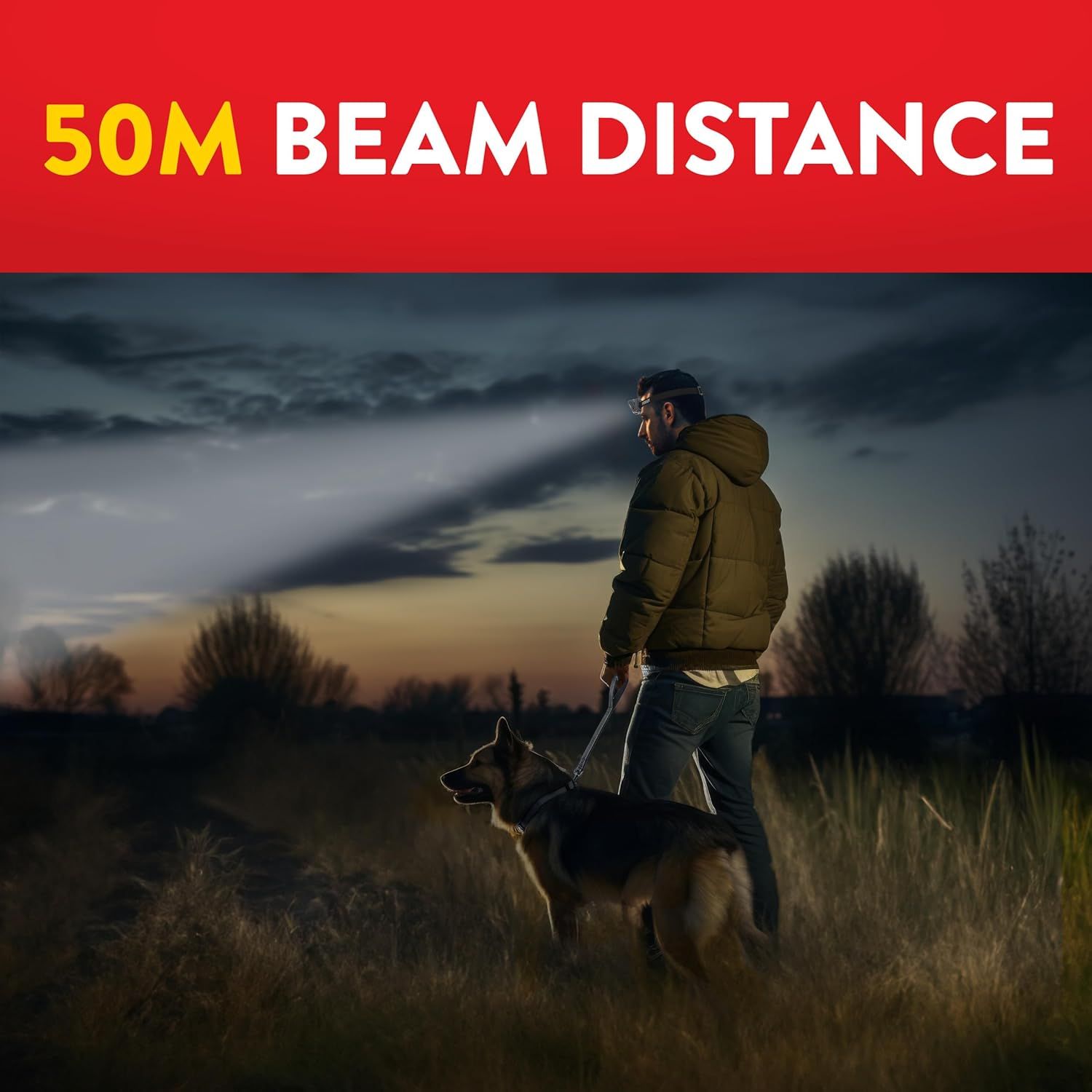 Communicates the impressive range capability of the product (likely a flashlight or headlamp) to reassure shoppers that it provides powerful, long-distance illumination for outdoor and nighttime…