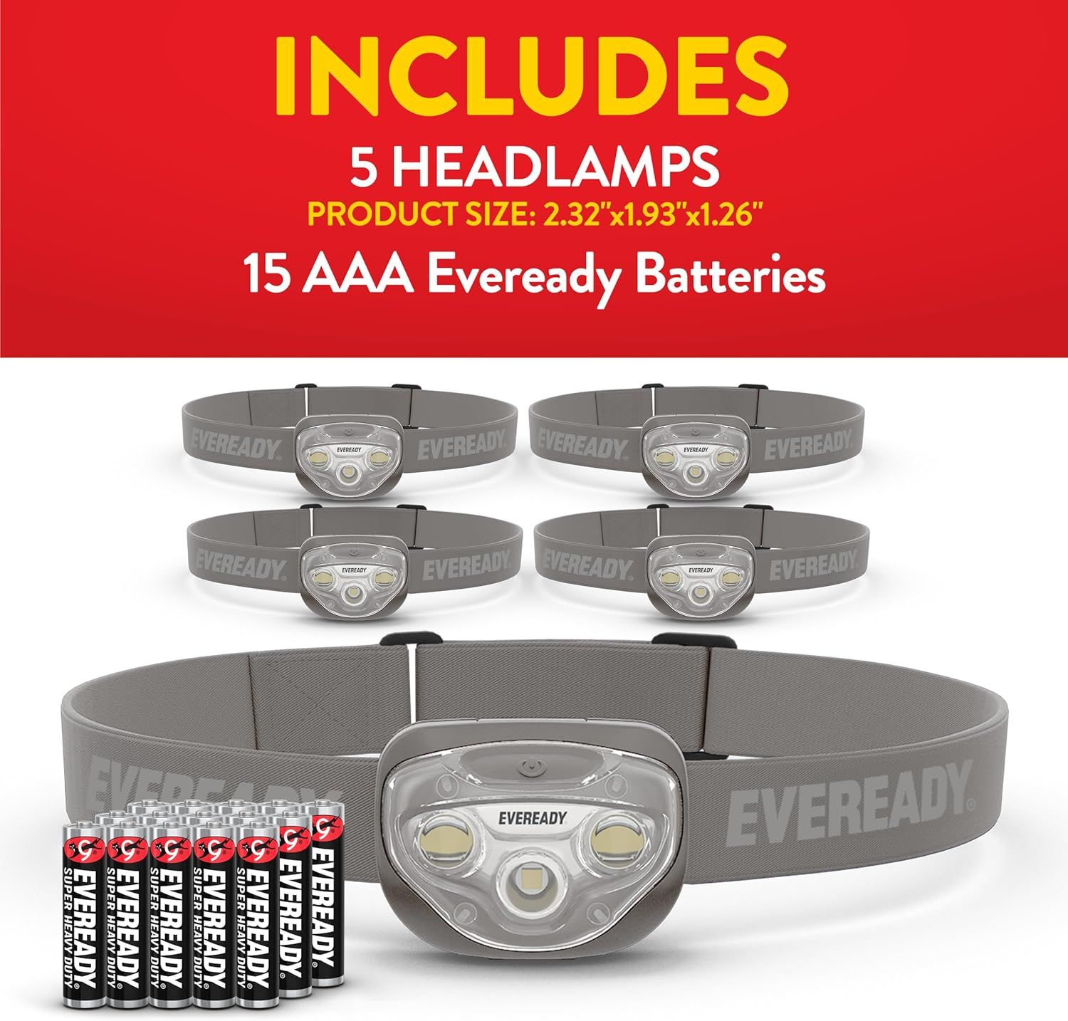 Shows everything included in the purchase—5 headlamps and 15 AAA Eveready batteries—to communicate the complete bundle value and reassure shoppers they have everything needed to use the product…