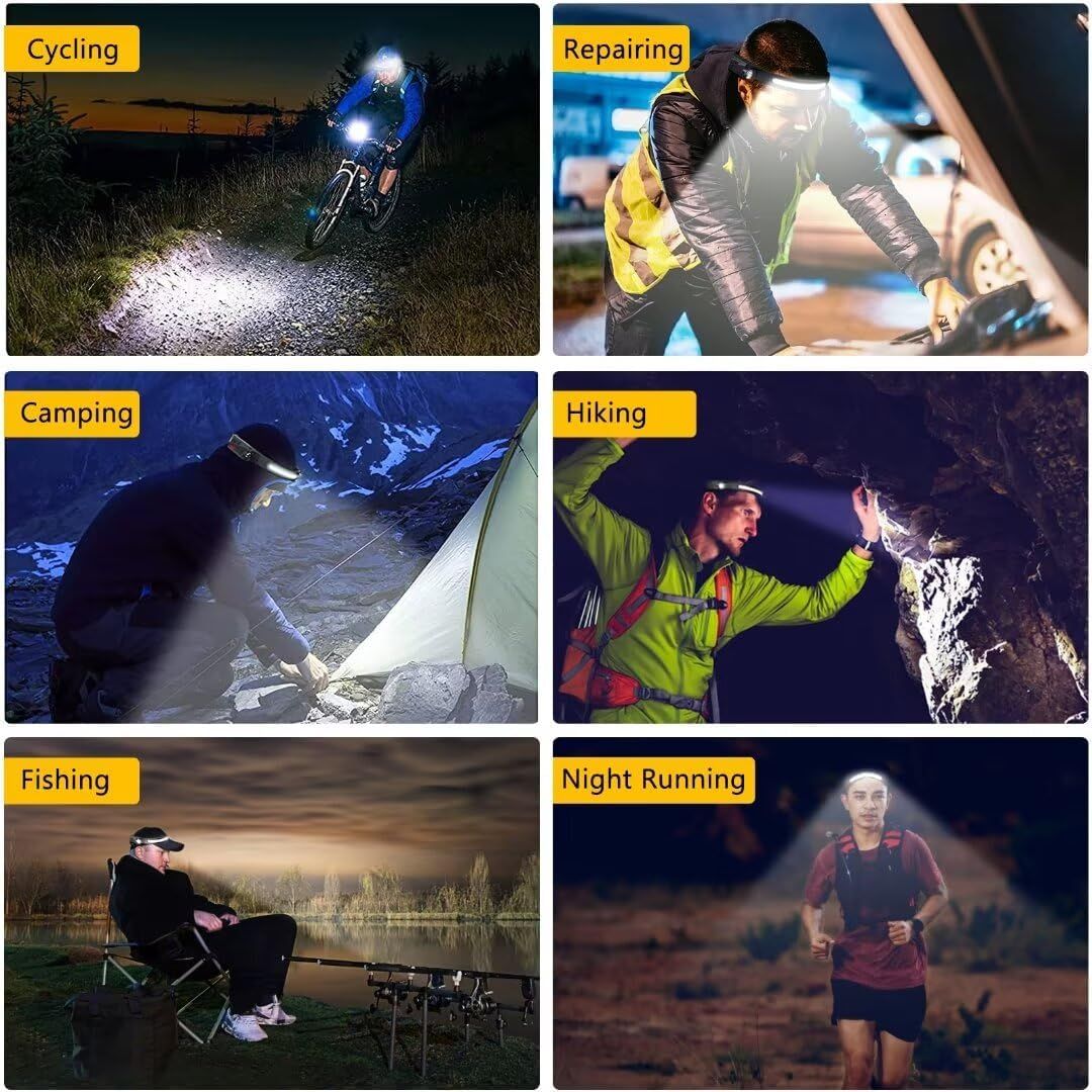 Demonstrates the product's versatility by showing it being used across six different activities and environments, reassuring shoppers that this headlamp or lighting product works for all their…