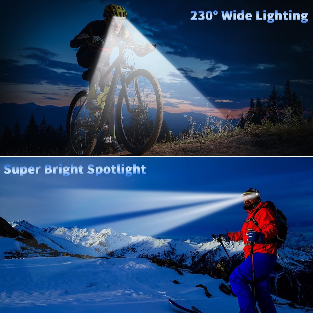 Demonstrates two distinct lighting capabilities of the headlamp product: wide-angle illumination for broad visibility and focused spotlight for long-distance brightness, reassuring shoppers of its…