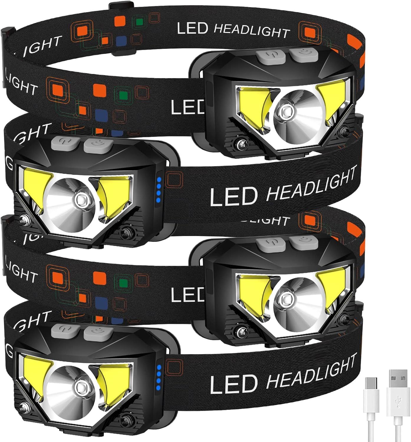 Shows the customer receives four LED headlamps plus a USB charging cable, emphasizing the value and completeness of the bundle.