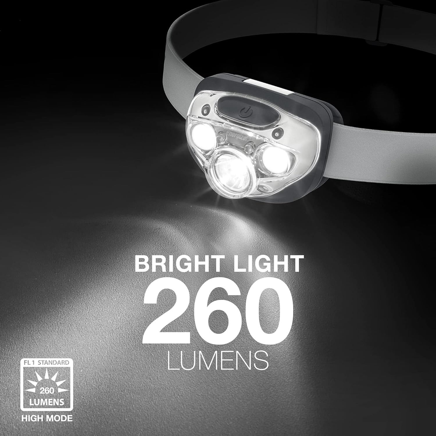 Communicates the headlamp's powerful brightness capability of 260 lumens to reassure shoppers of its high-performance illumination for outdoor activities and work. Highlights the product's bright…