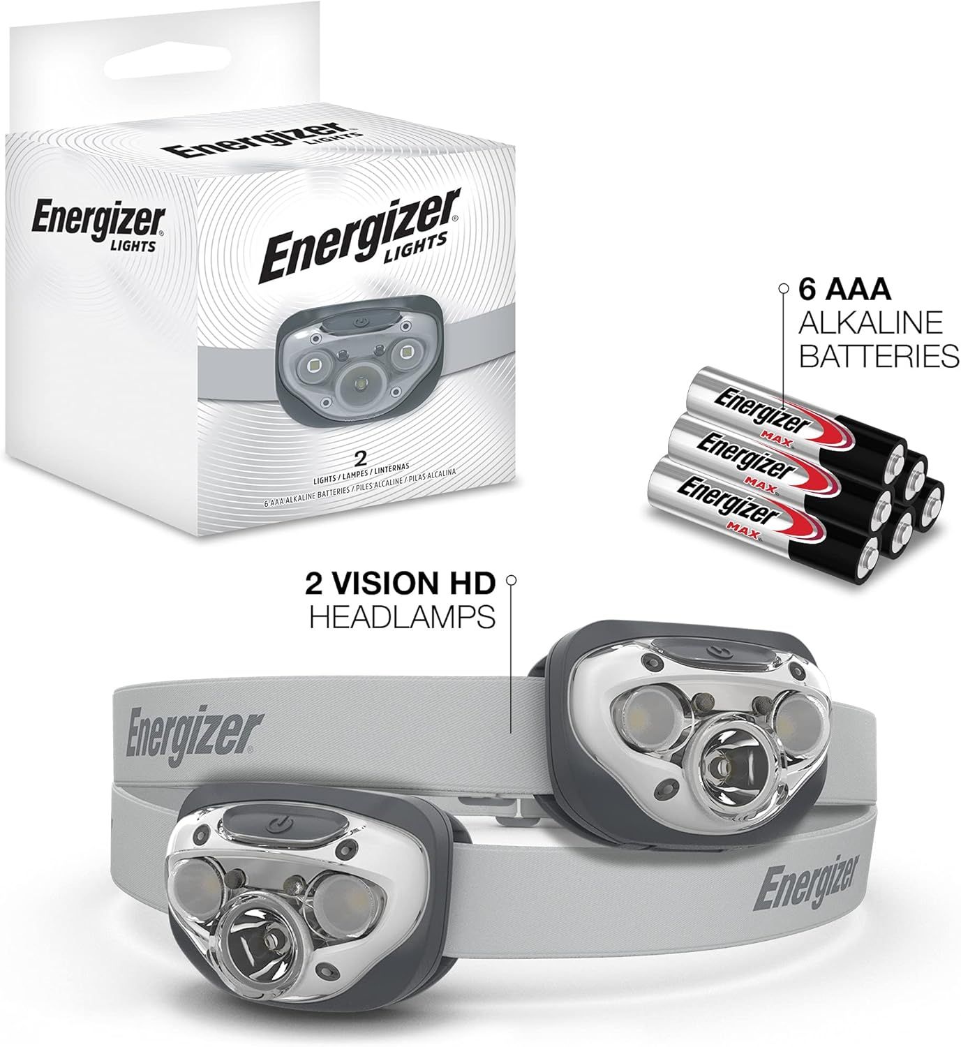 Shows the customer exactly what they will receive in the package: two headlamps and six AAA batteries, helping them understand the complete bundle value.