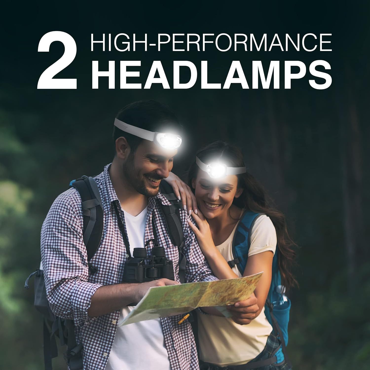 Communicates that the purchase includes two headlamps, emphasizing value and suitability for couples or shared activities like hiking and camping.