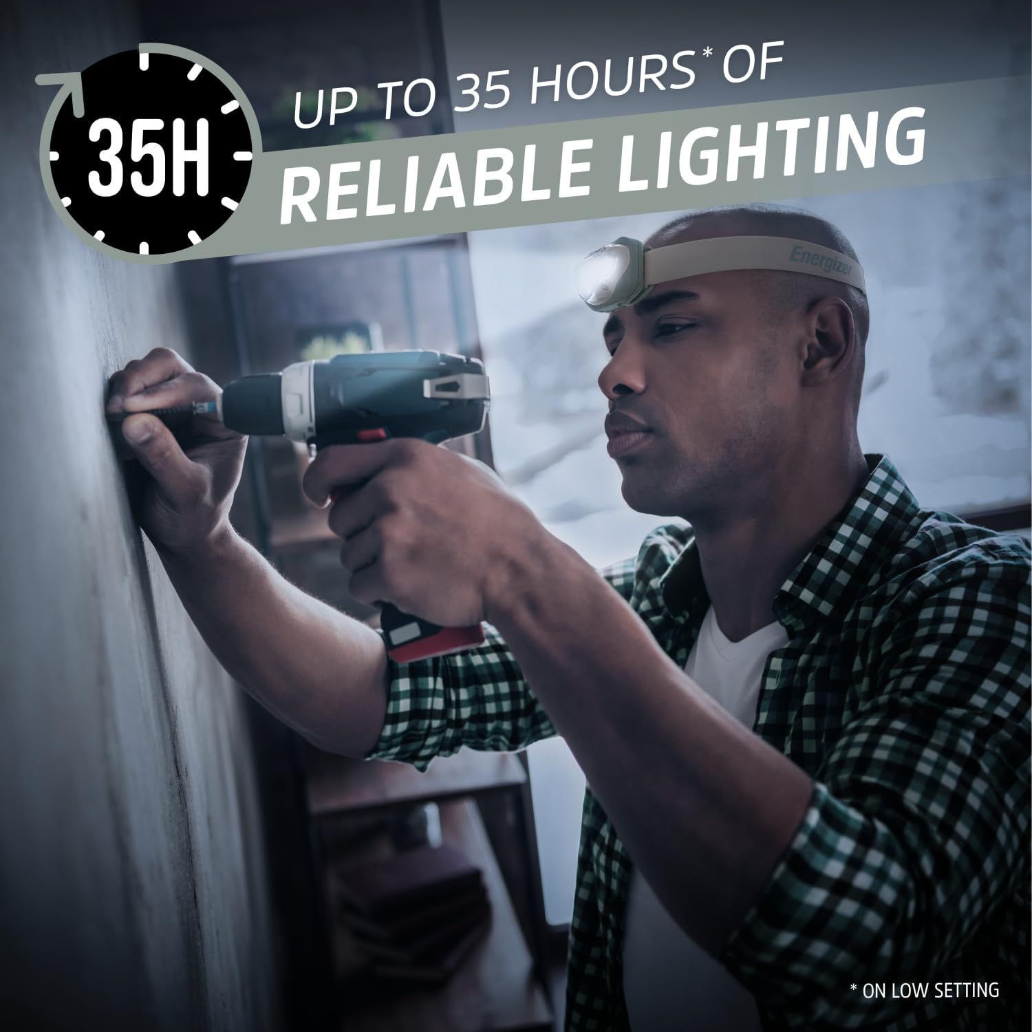 Communicates the headlamp's impressive battery runtime to reassure shoppers they can rely on extended lighting for work or outdoor activities without frequent recharging. Highlights the key benefit…