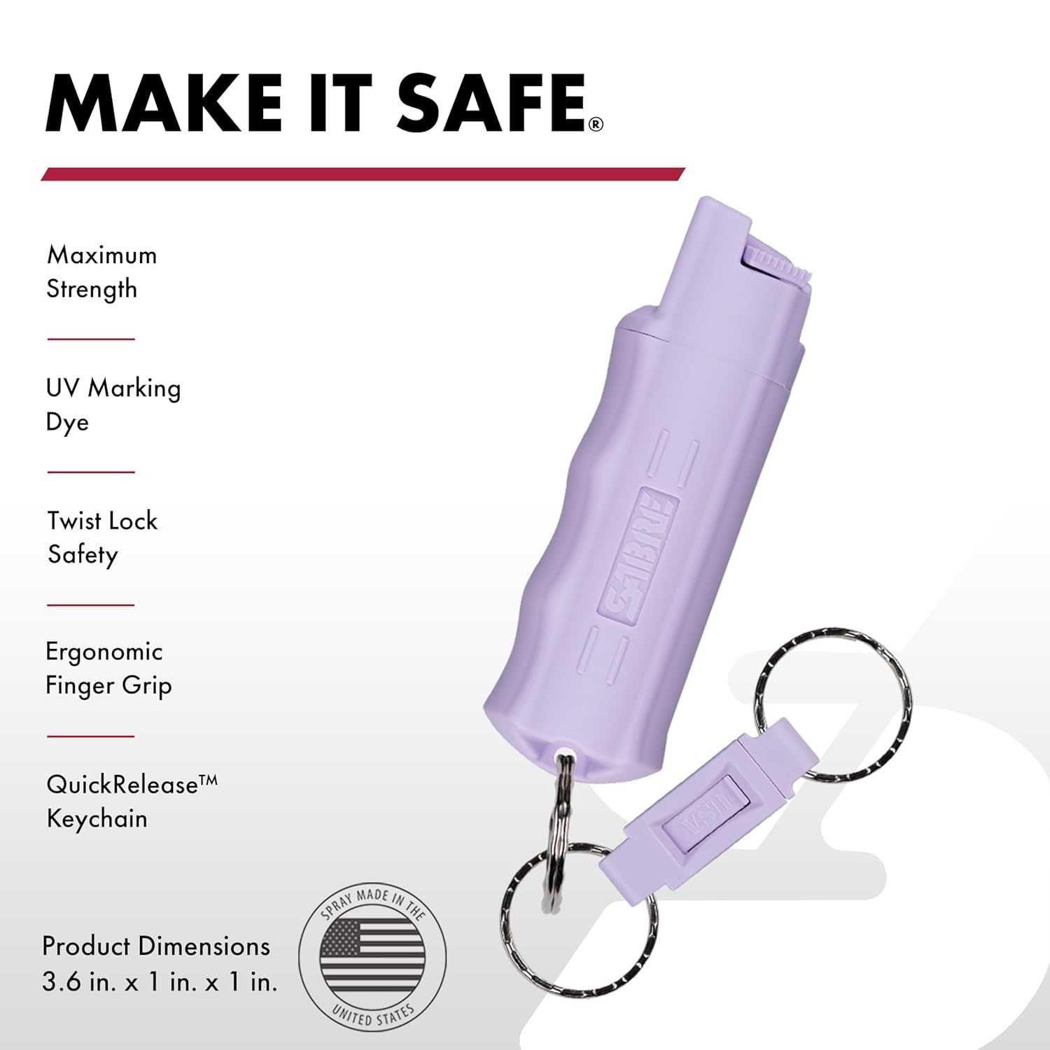 Communicates multiple distinct safety and usability features of the pepper spray product to reassure shoppers of its effectiveness, safety mechanisms, and convenience.
