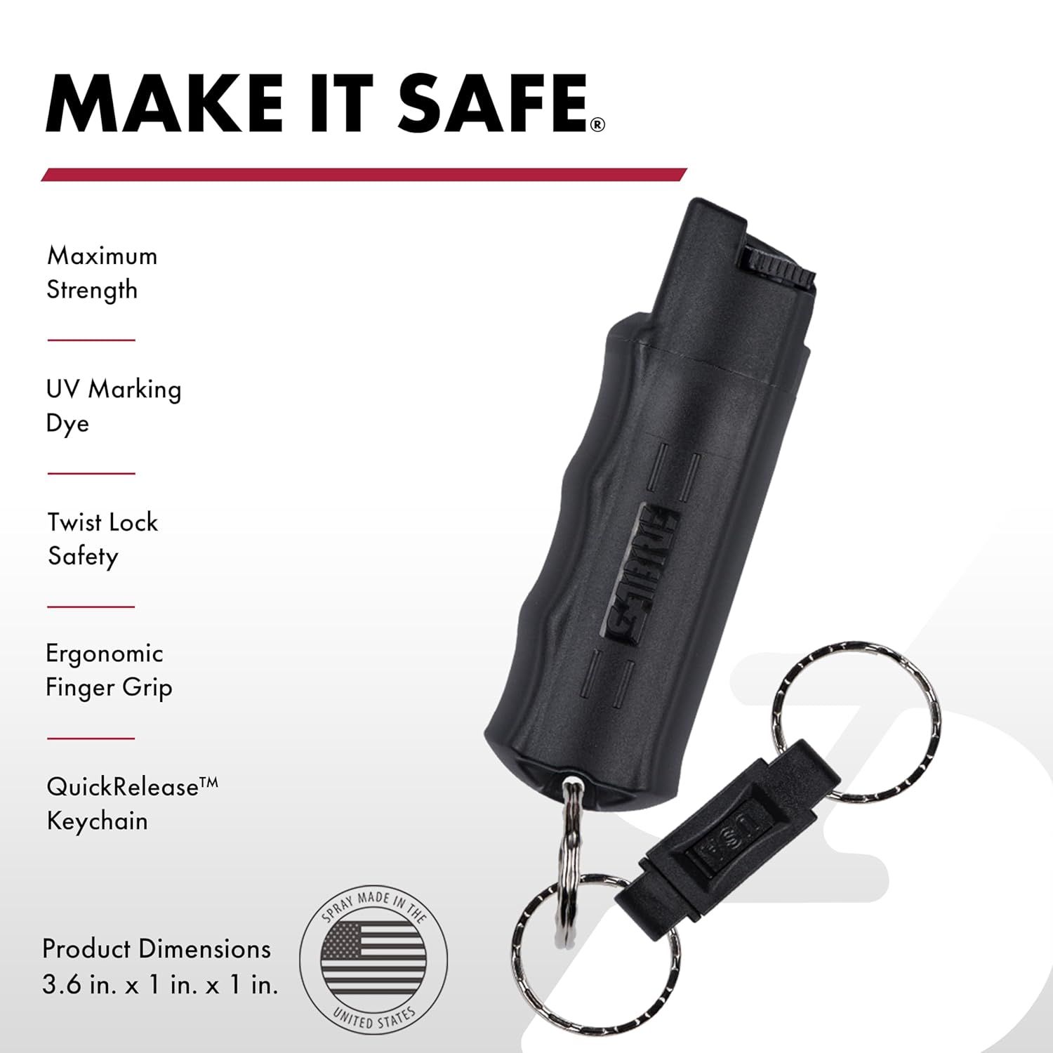 Communicates multiple distinct safety and usability features of the pepper spray product to reassure shoppers of its effectiveness, safety mechanisms, and convenience.