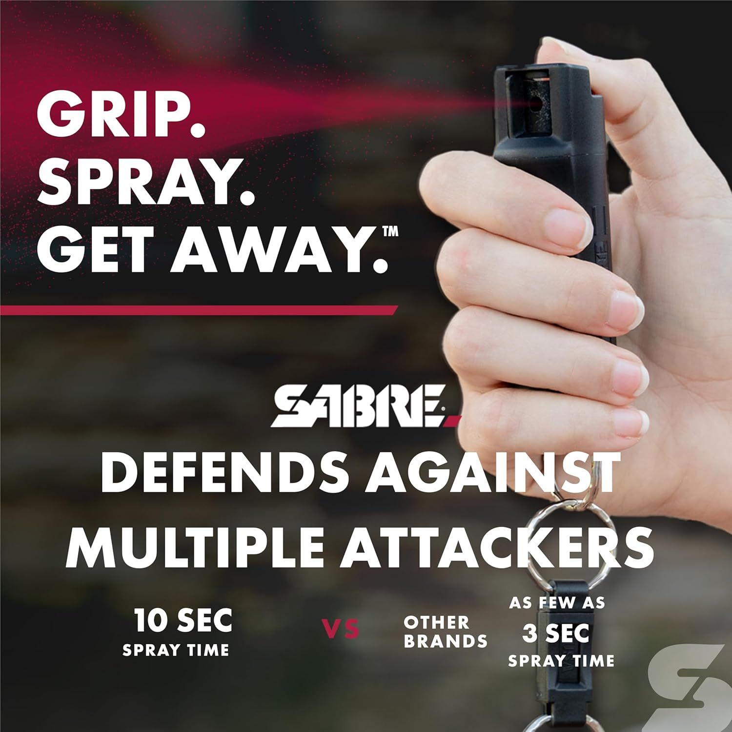 Demonstrates that this pepper spray provides 10 seconds of spray time versus competitors' 3 seconds, emphasizing superior defense capability against multiple attackers. Highlights the quantifiable…