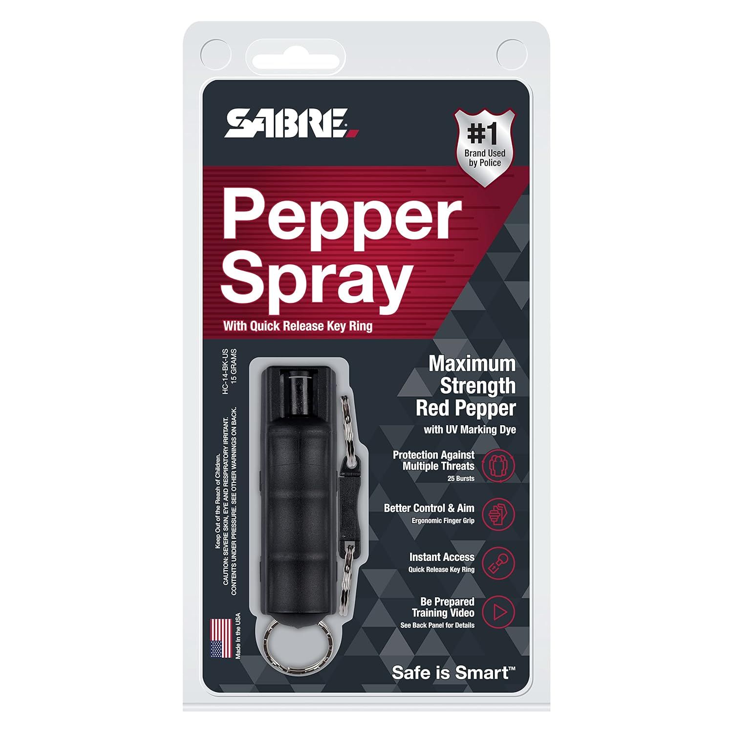 Communicates multiple distinct benefits of the pepper spray in a segmented layout with icons, highlighting strength, protection, ergonomics, quick access, and training resources to reassure shoppers…