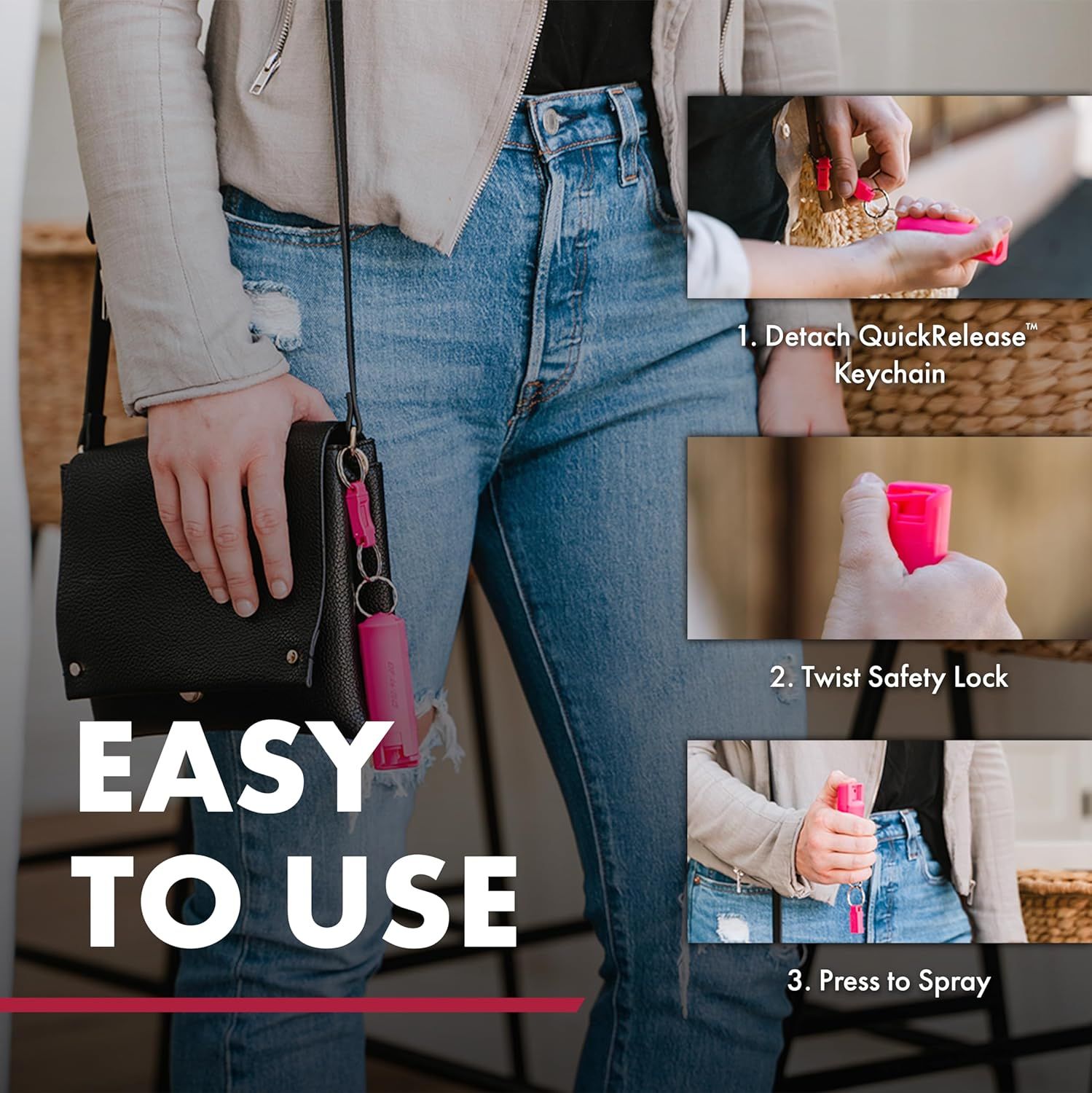 This image demonstrates the three-step process for using the personal safety spray product, showing shoppers how simple and quick it is to detach, unlock, and deploy the device in an emergency.