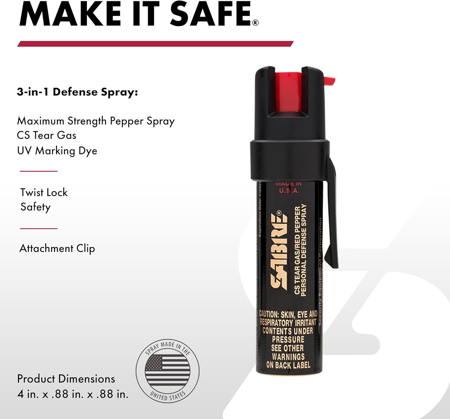 Communicates multiple key features and benefits of the defense spray in a segmented layout, highlighting the product's versatility, safety mechanism, and portability to reassure shoppers of its…