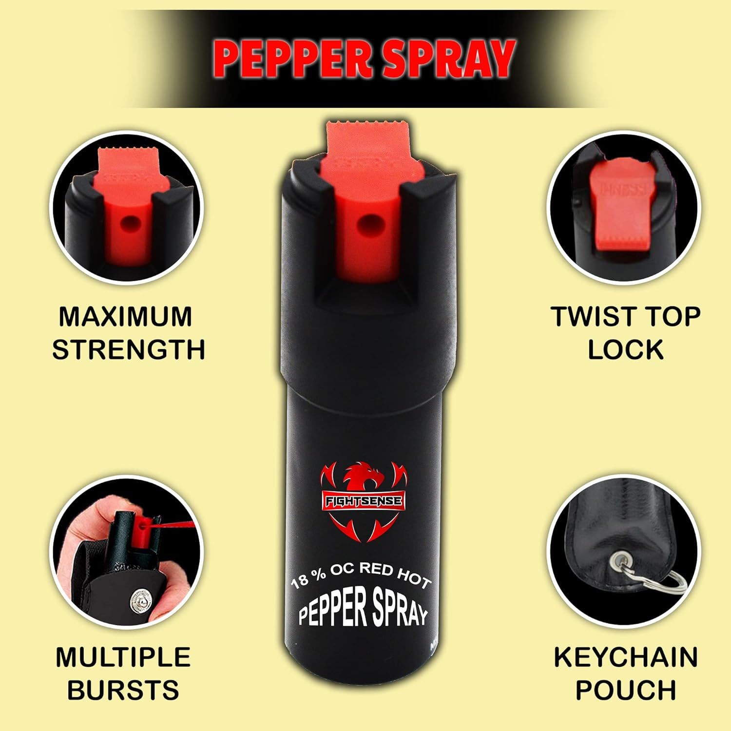 Communicates multiple distinct benefits of the pepper spray in a segmented layout, highlighting its strength, safety lock, burst capability, and portability to reassure shoppers of its comprehensive…