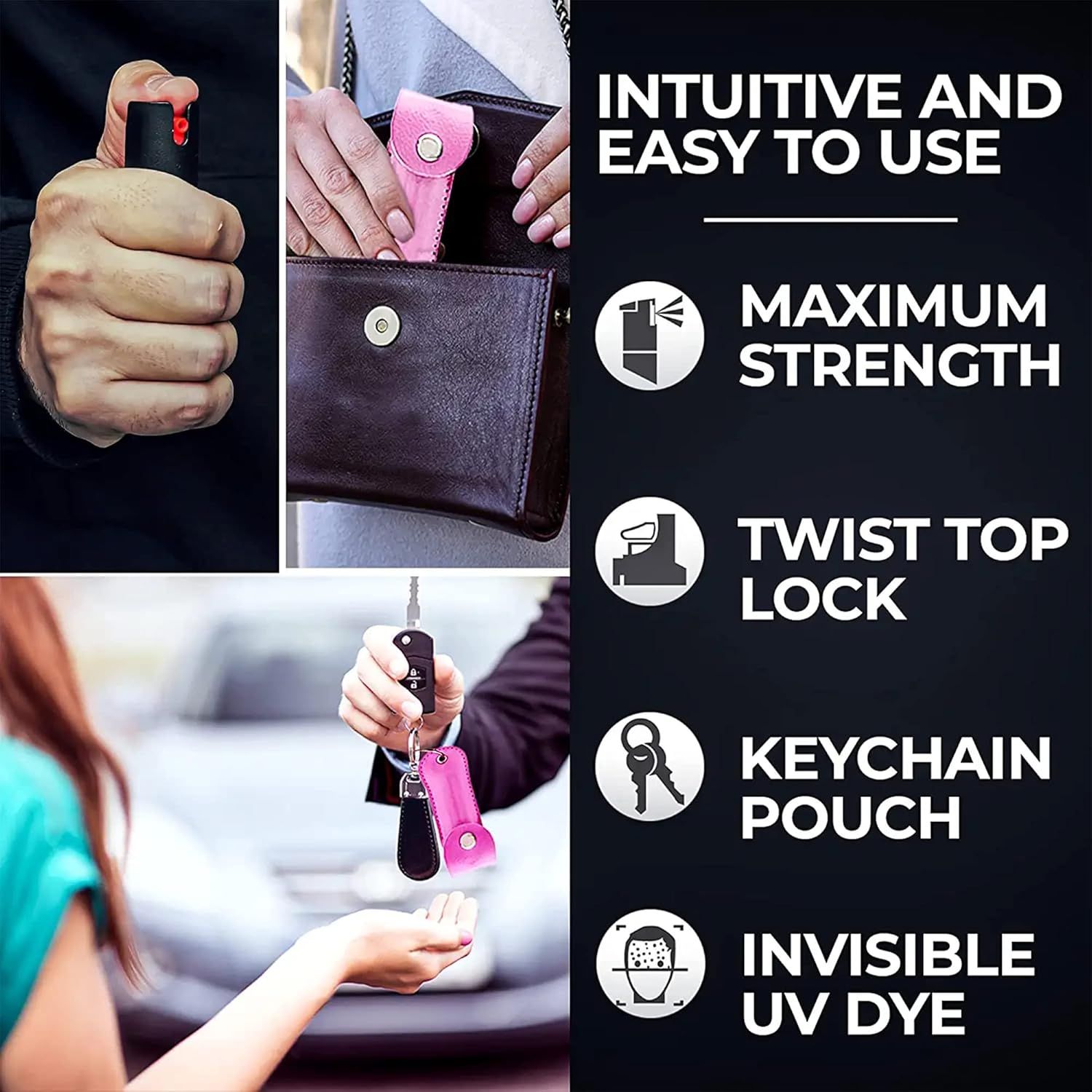 Communicates multiple key features and benefits of the self-defense product in a segmented layout, highlighting ease of use, strength, locking mechanism, portability, and safety marking feature to…